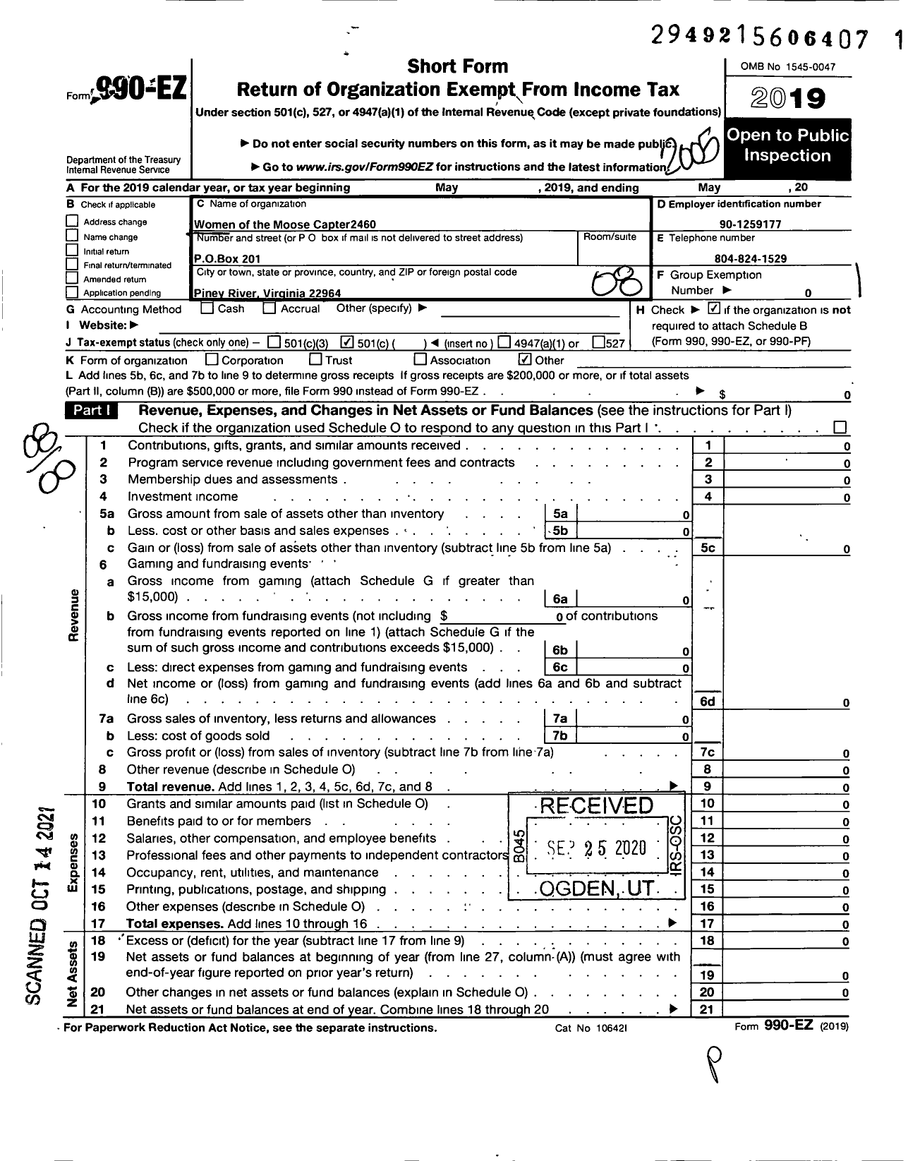 Image of first page of 2019 Form 990EO for Piney River Chapter 2460 Women of the Moose