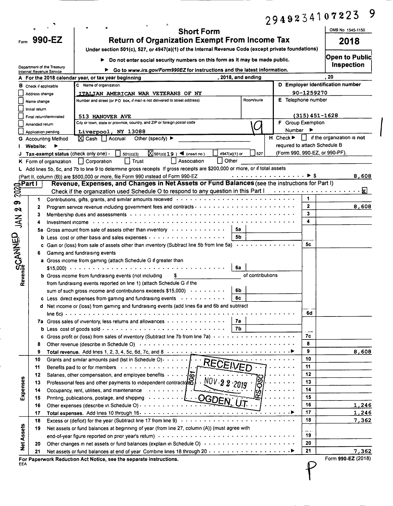 Image of first page of 2018 Form 990EO for Italian American War Veterans of Ny