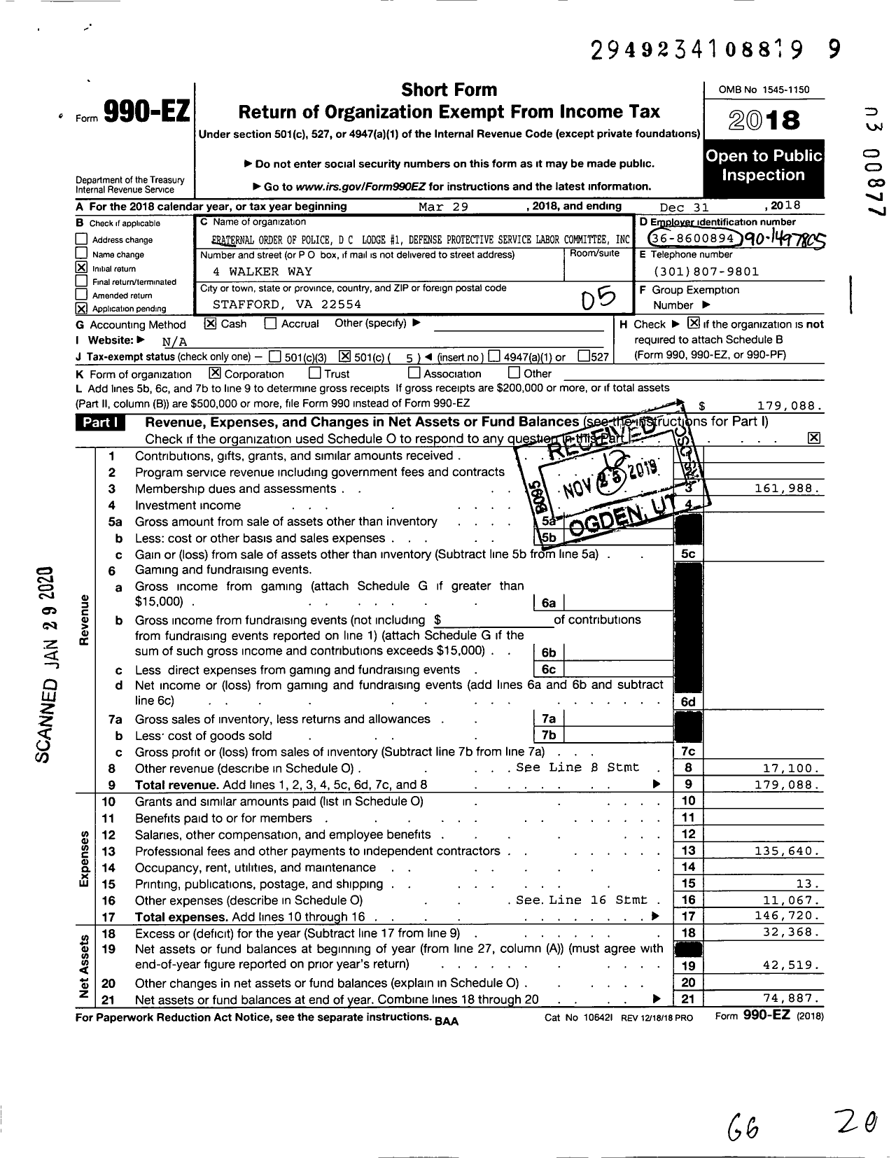 Image of first page of 2018 Form 990EO for Fraternal Order of Police DC Lodge #1 Defense Protective Service Labor Comm