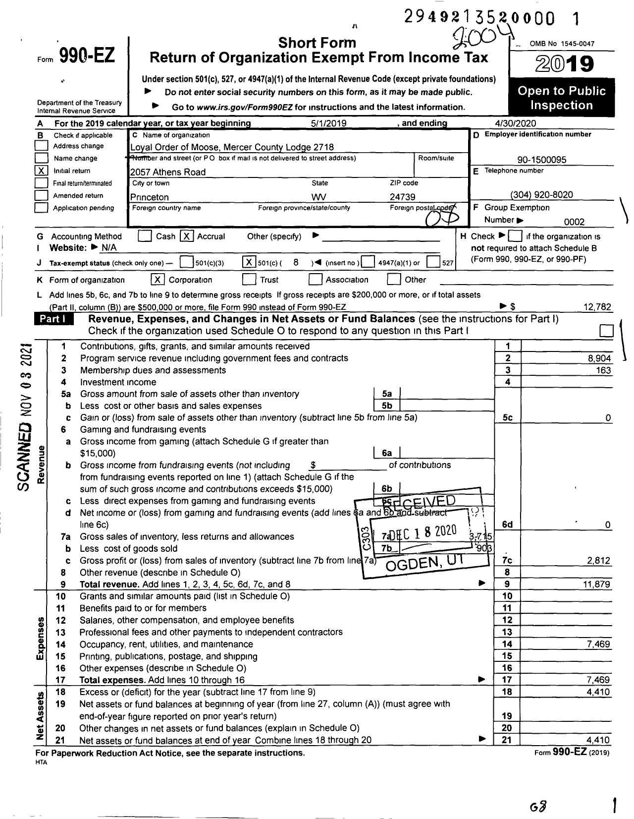 Image of first page of 2019 Form 990EO for Mercer County Lodge 2718 Loyal Order of Moose