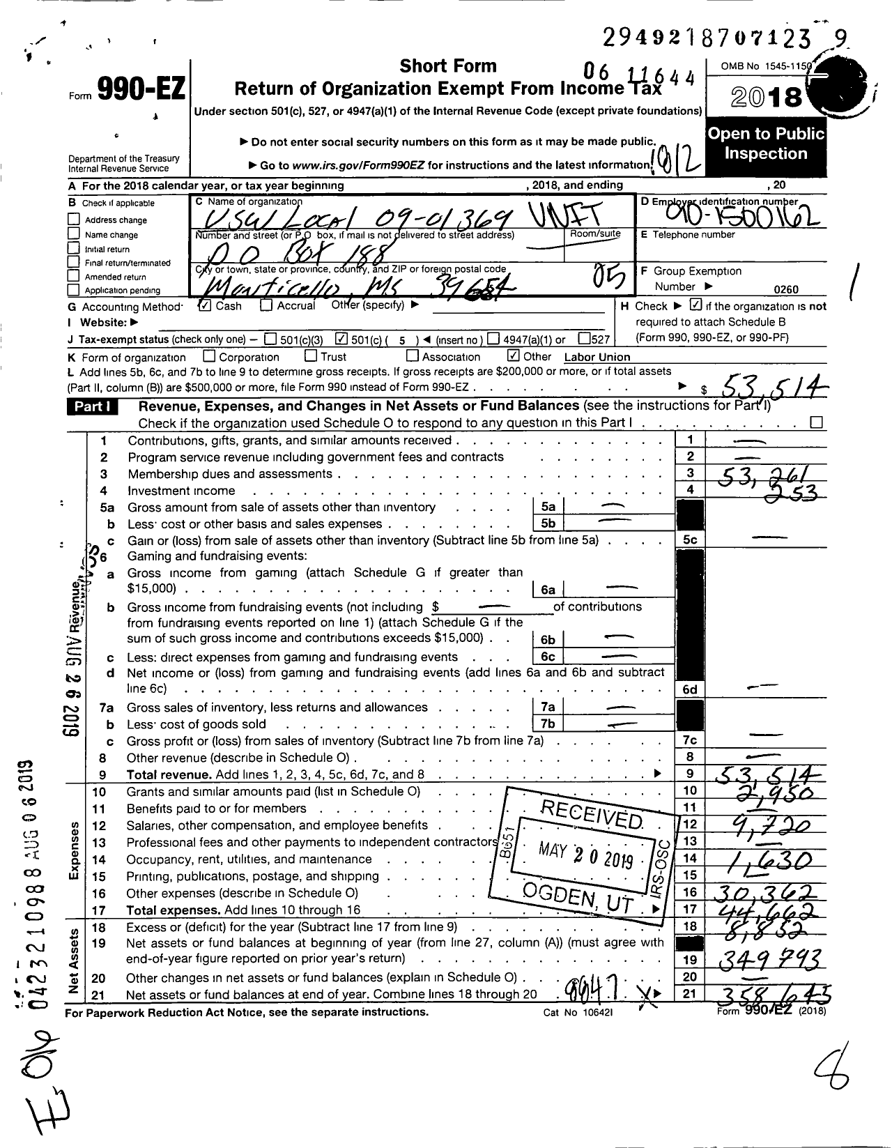 Image of first page of 2018 Form 990EO for United Steelworkers - 0901369 Local