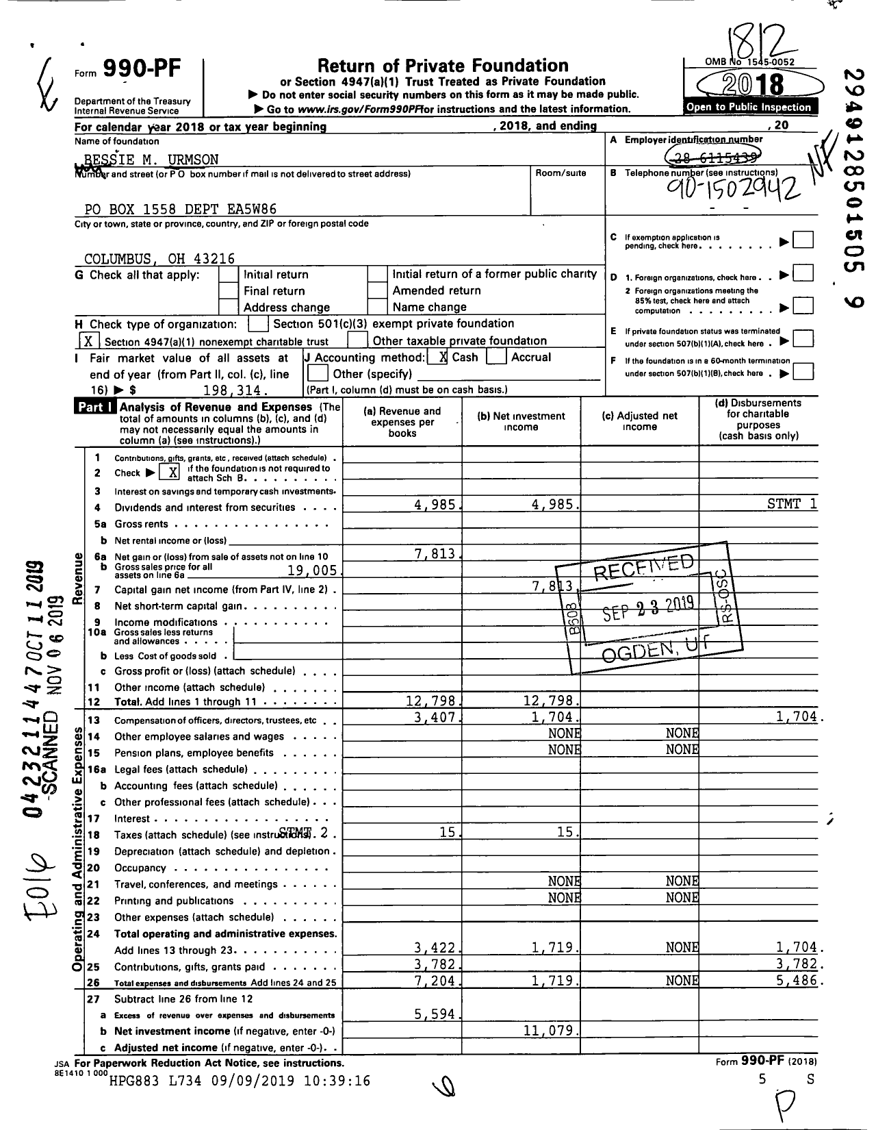 Image of first page of 2018 Form 990PF for Bessie M Urmson