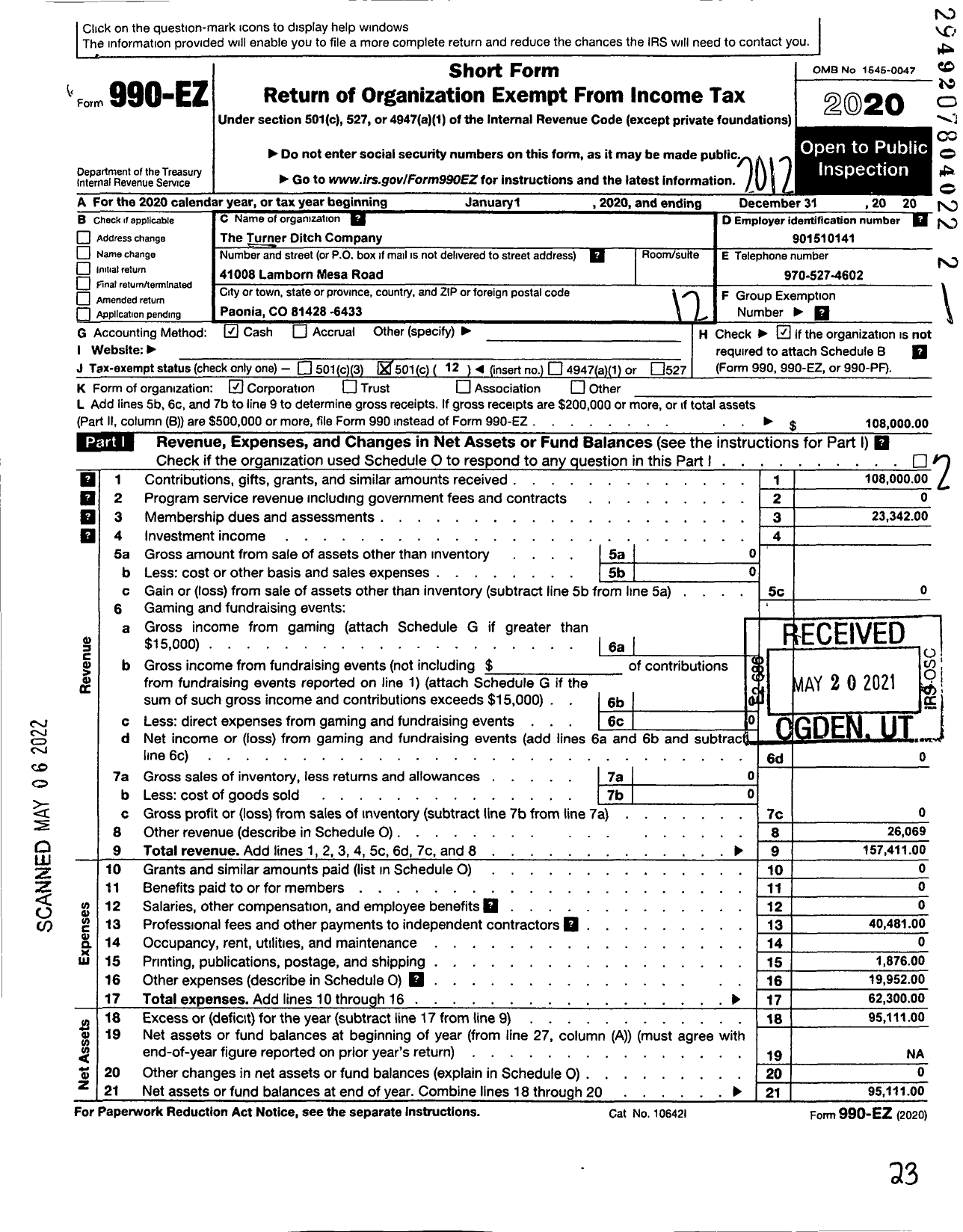 Image of first page of 2020 Form 990EO for The Turner Ditch Company