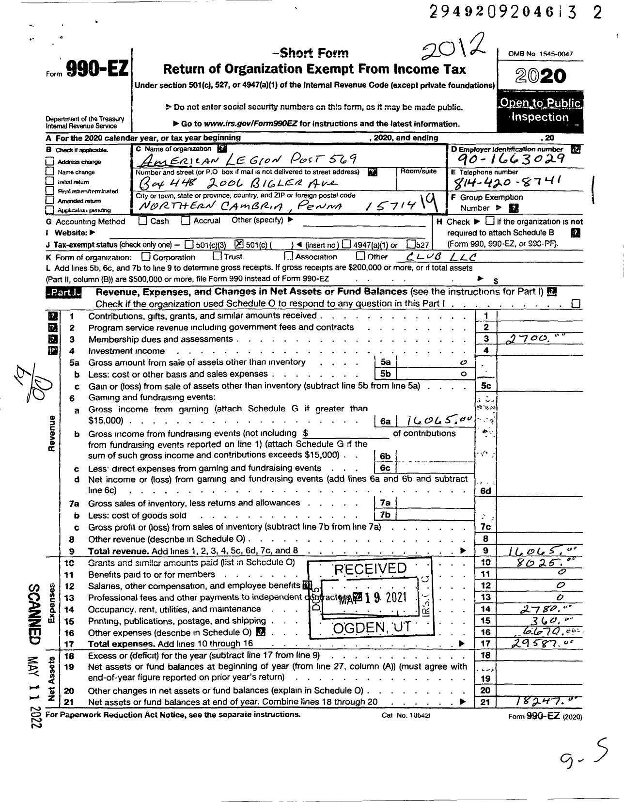 Image of first page of 2020 Form 990EO for American Legion - 0569 Lynn Wetherson