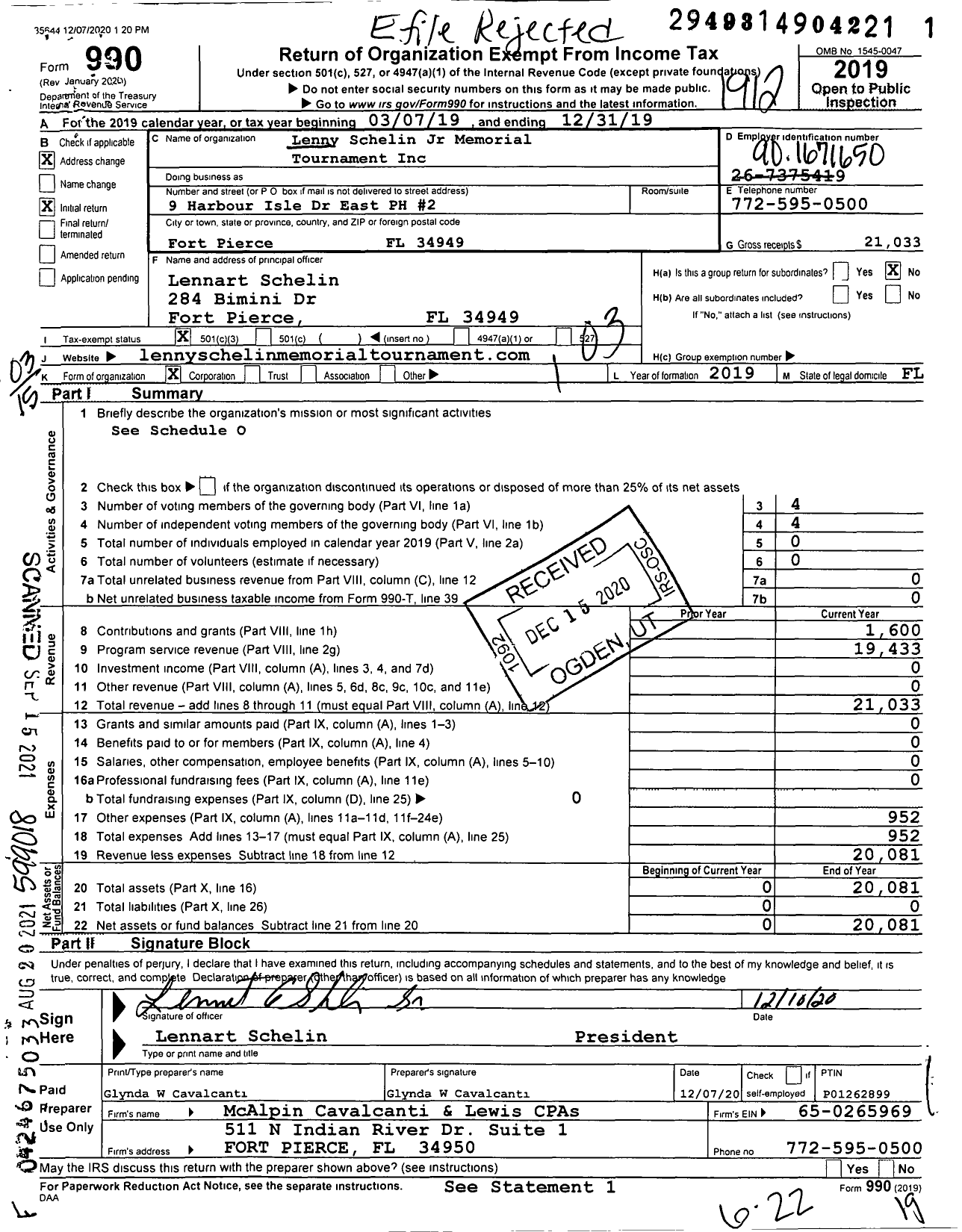 Image of first page of 2019 Form 990 for Lenny Schelin JR Memorial Tournament