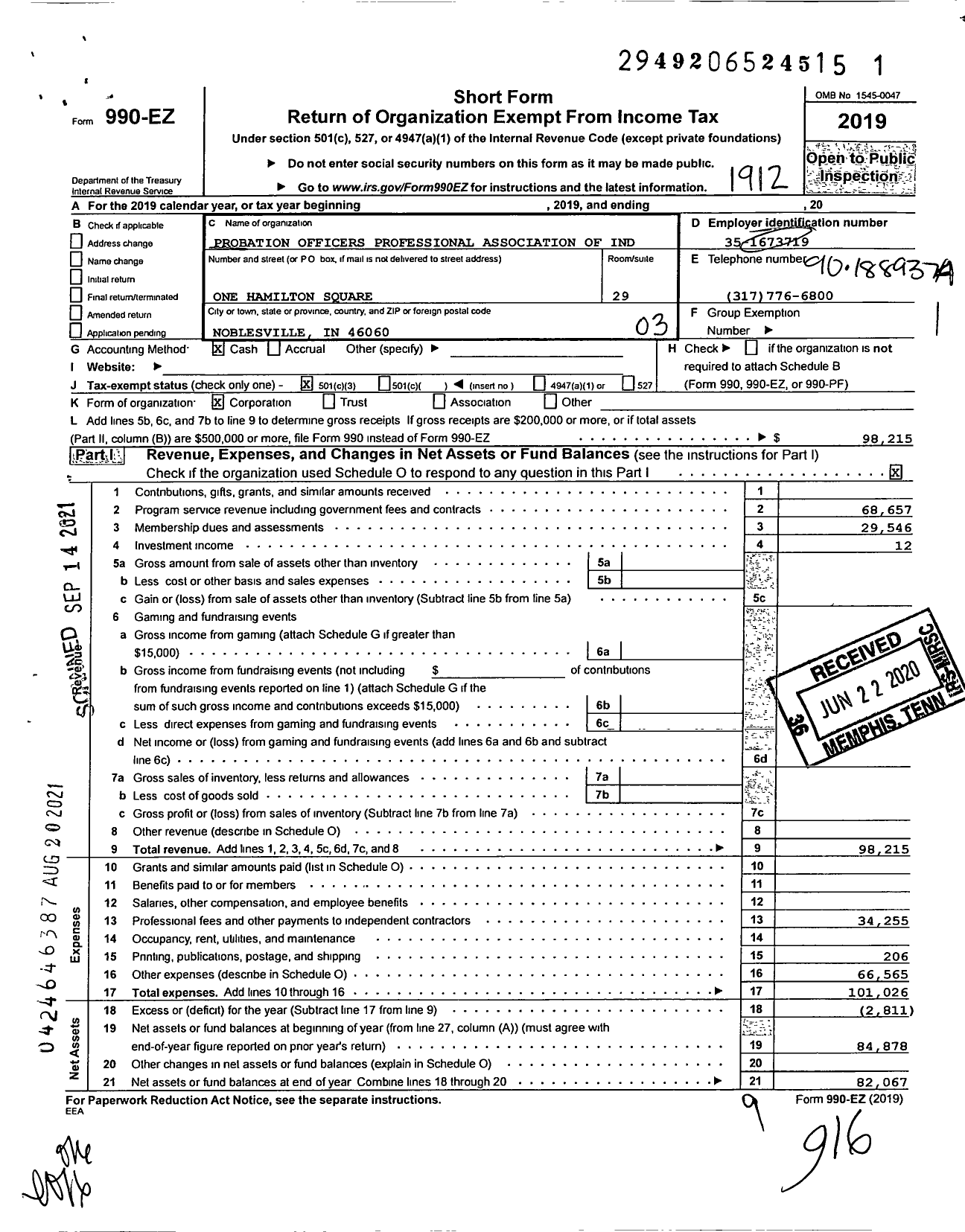 Image of first page of 2019 Form 990EZ for Probation Officers Professional Association of Indiana