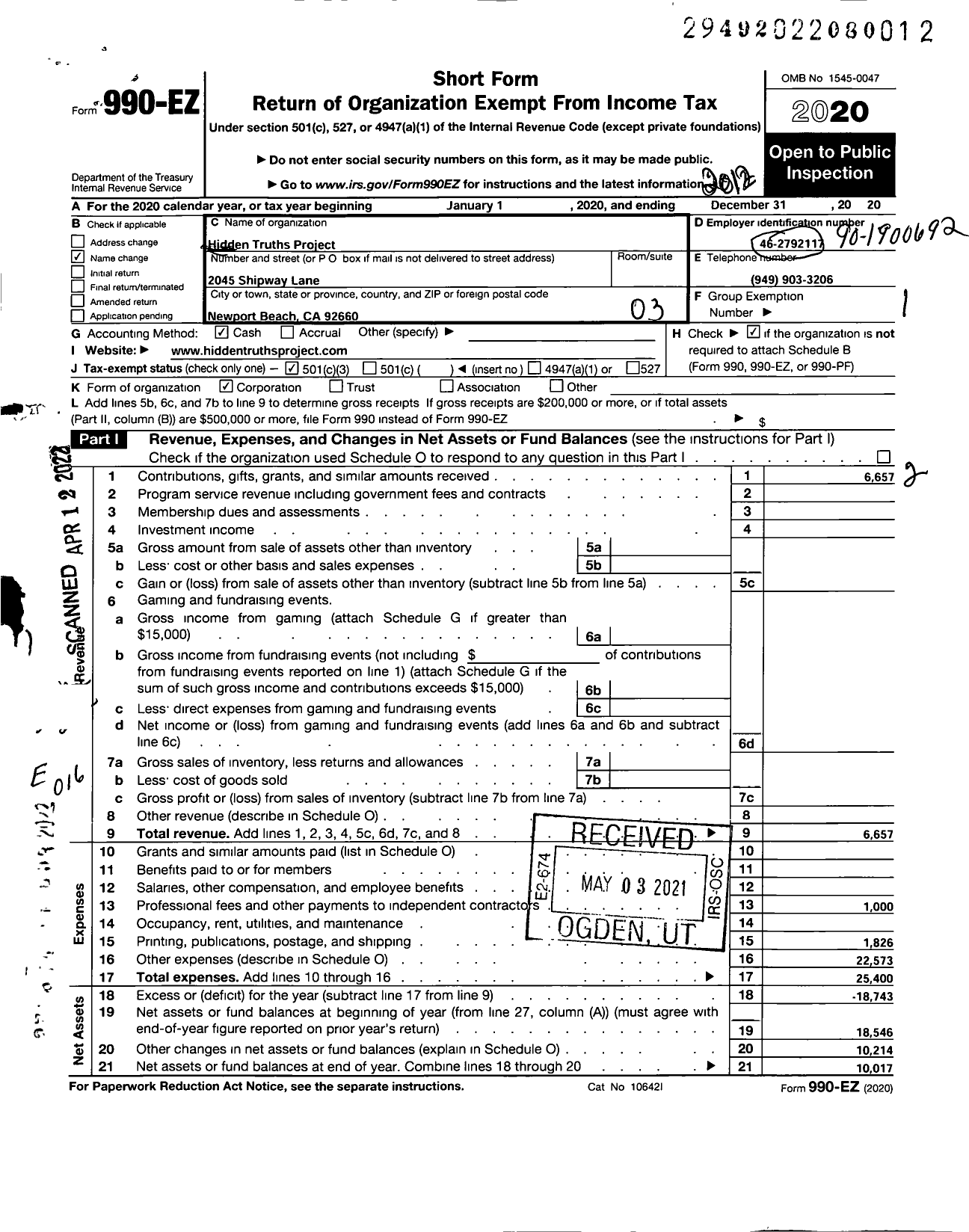 Image of first page of 2020 Form 990EZ for Hidden Truths Project