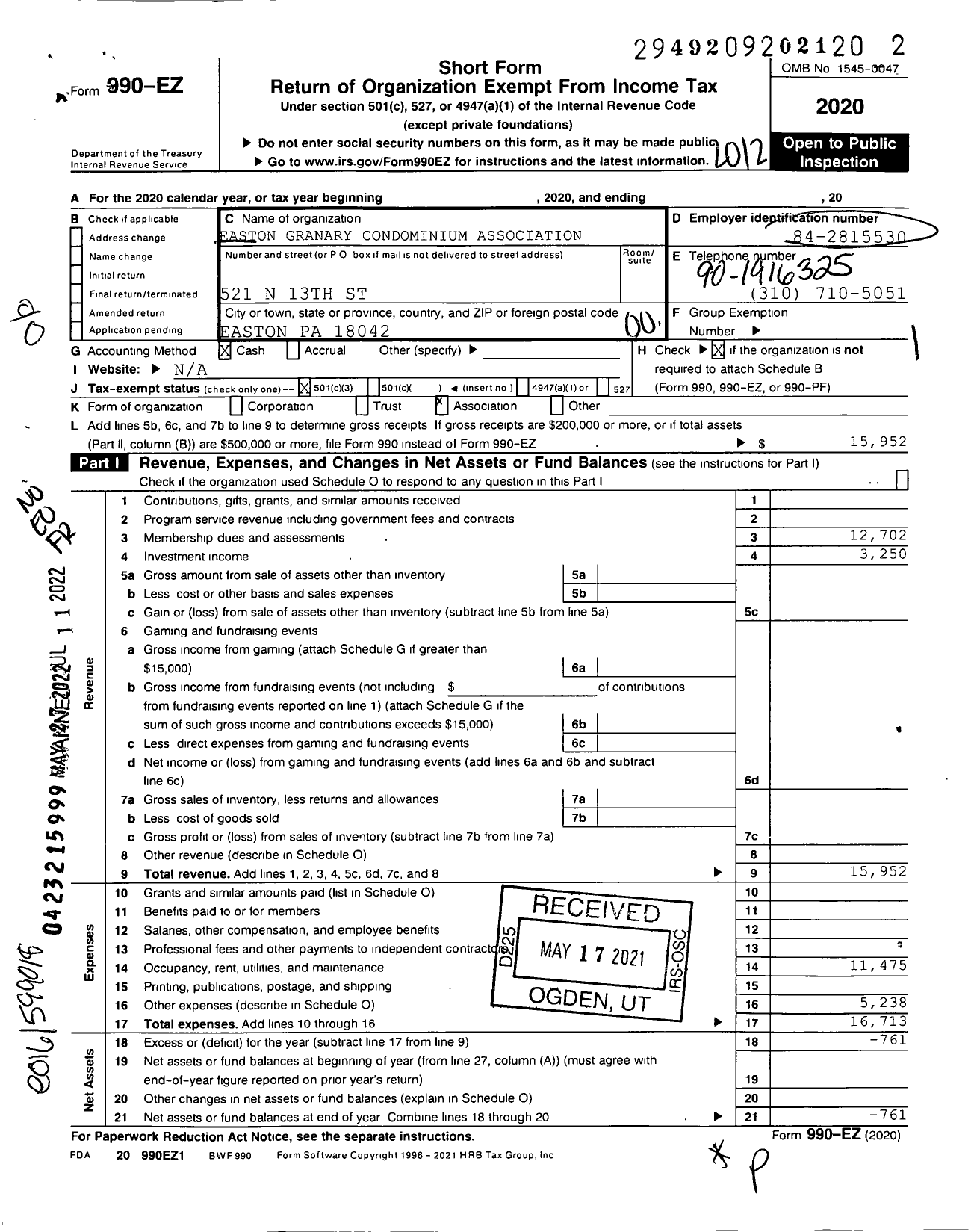 Image of first page of 2020 Form 990EO for Easton Granary Condominium Association