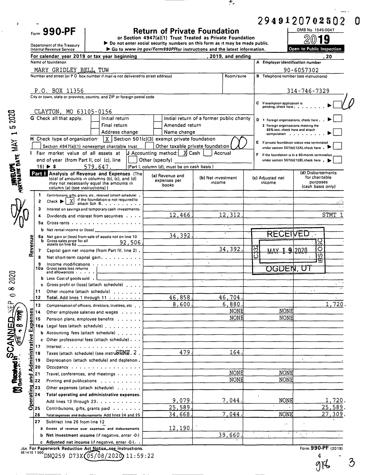 Image of first page of 2019 Form 990PR for Mary Gridley Bell Tuw XXX-XX-XXXX