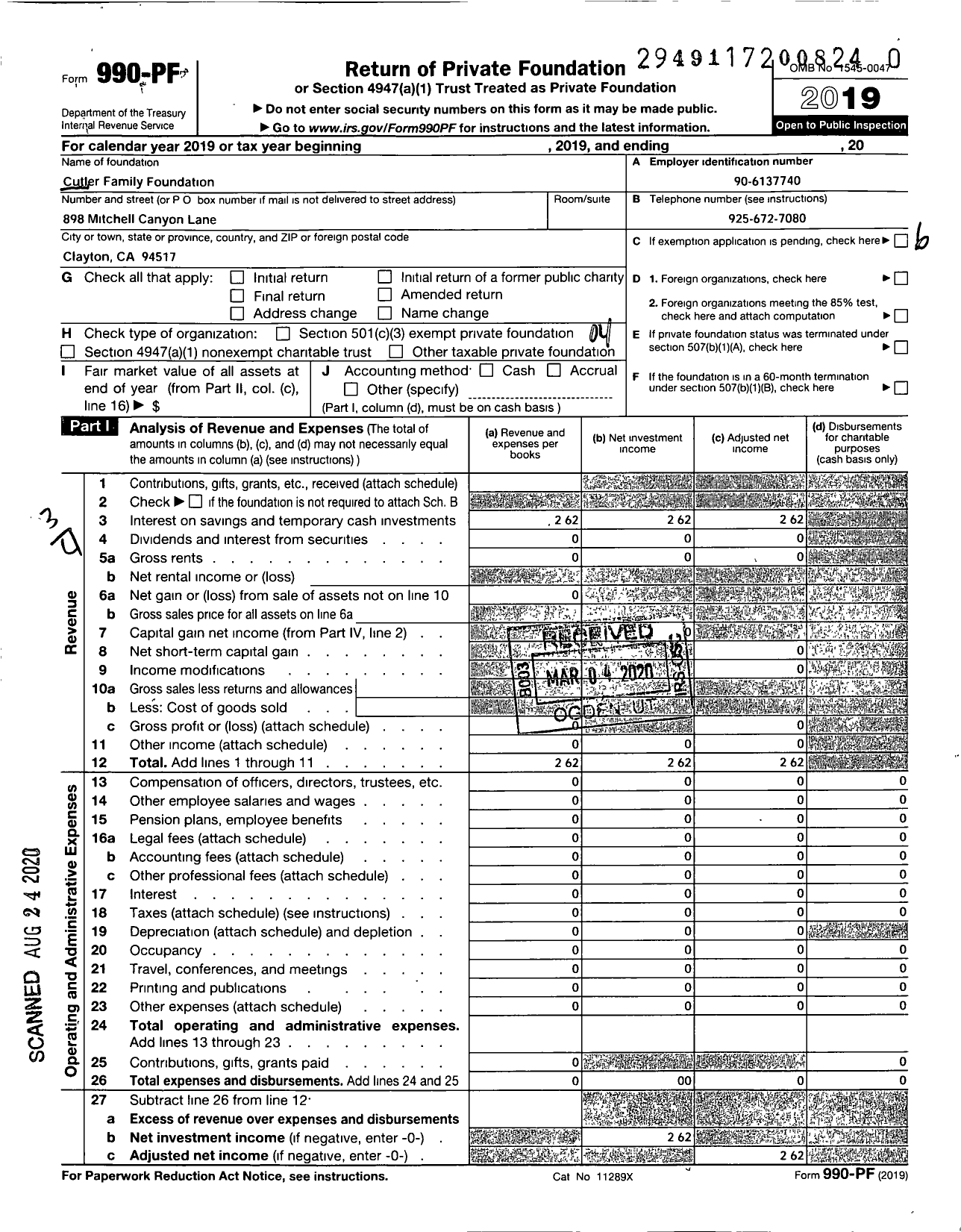 Image of first page of 2019 Form 990PR for Cutler Family Foundation