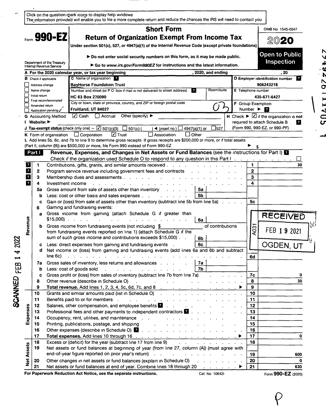 Image of first page of 2020 Form 990EZ for Bayhorse Foundation Trust