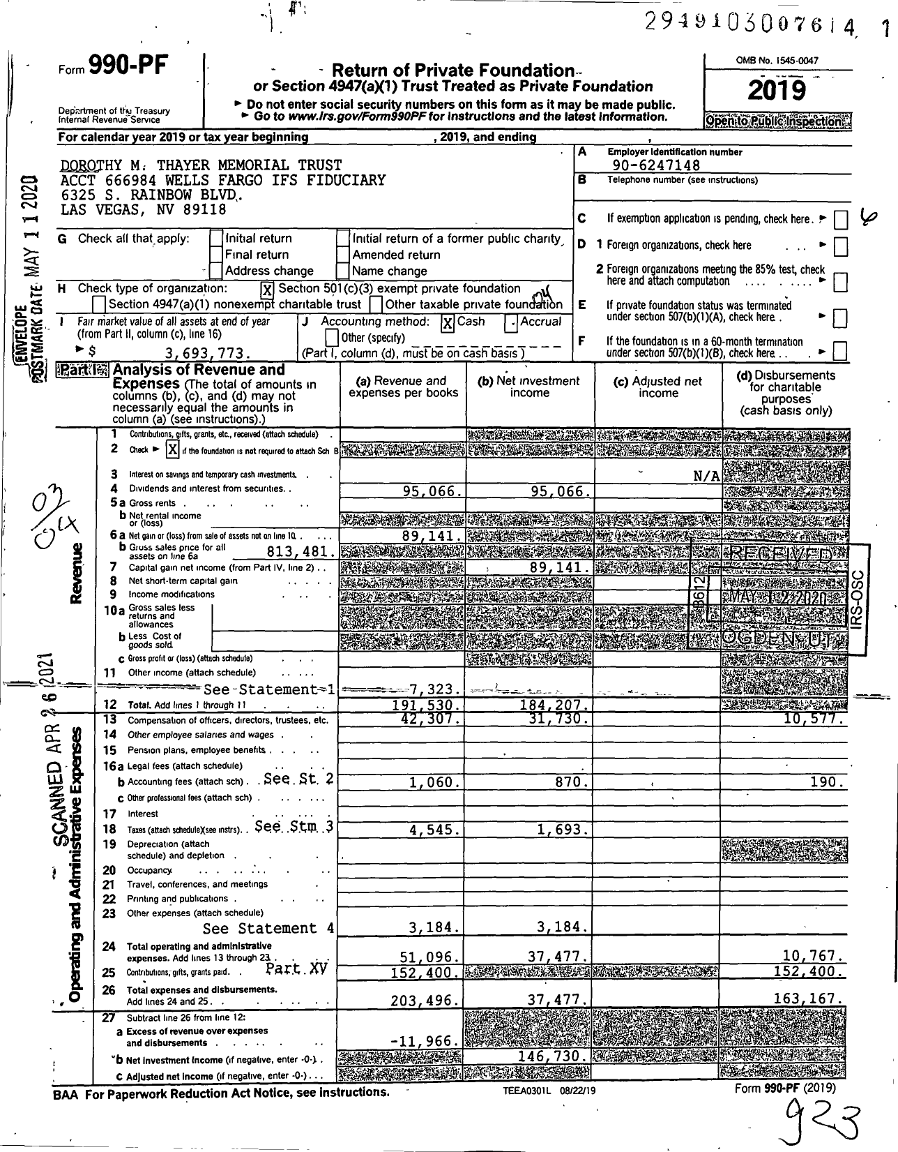 Image of first page of 2019 Form 990PF for Thayer Dorothy Memorial Tua-Main