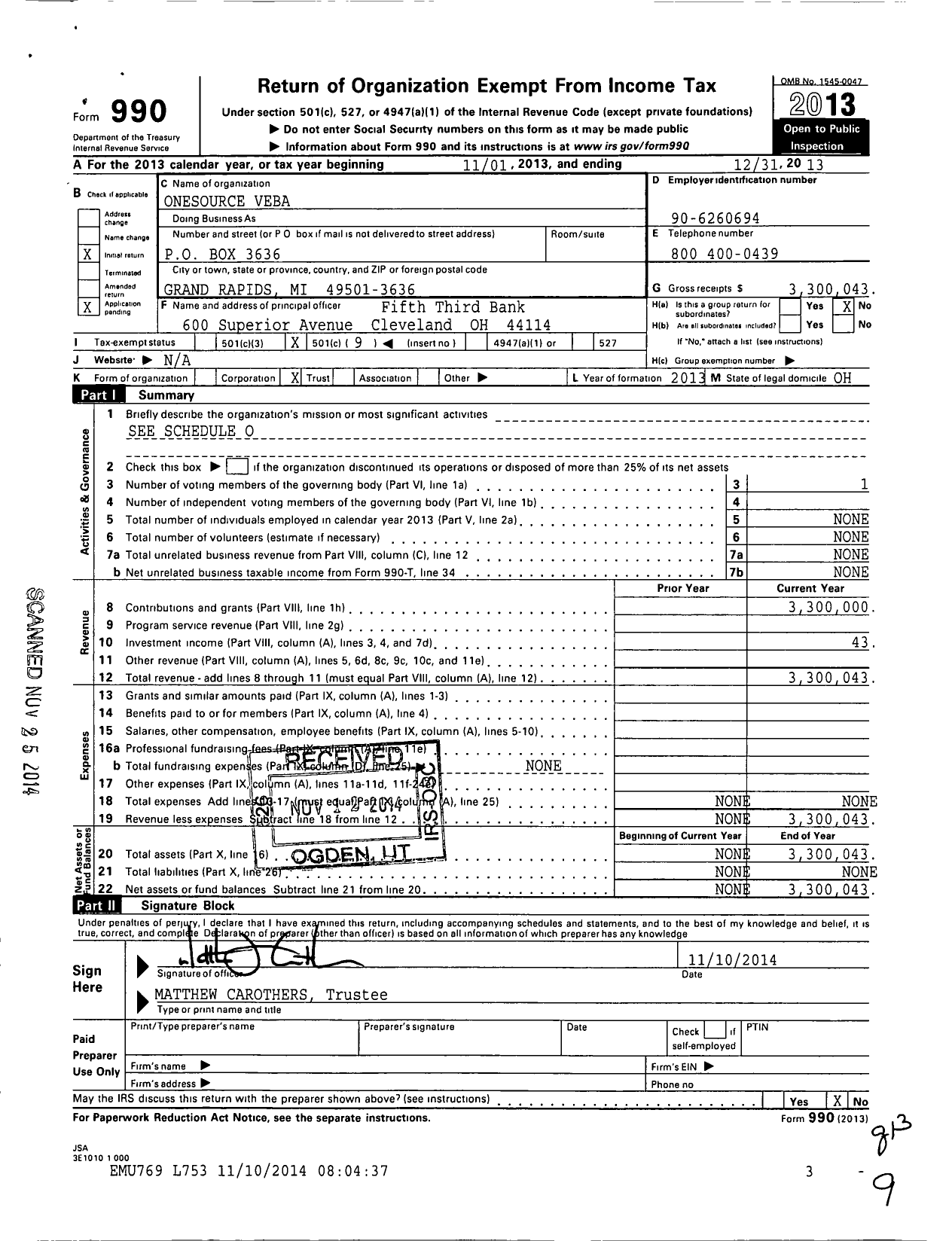 Image of first page of 2013 Form 990O for Onesource Employee Management Benefits