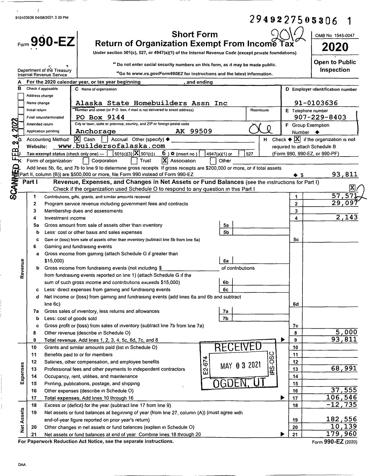 Image of first page of 2020 Form 990EO for Alaska State Homebuilders Association