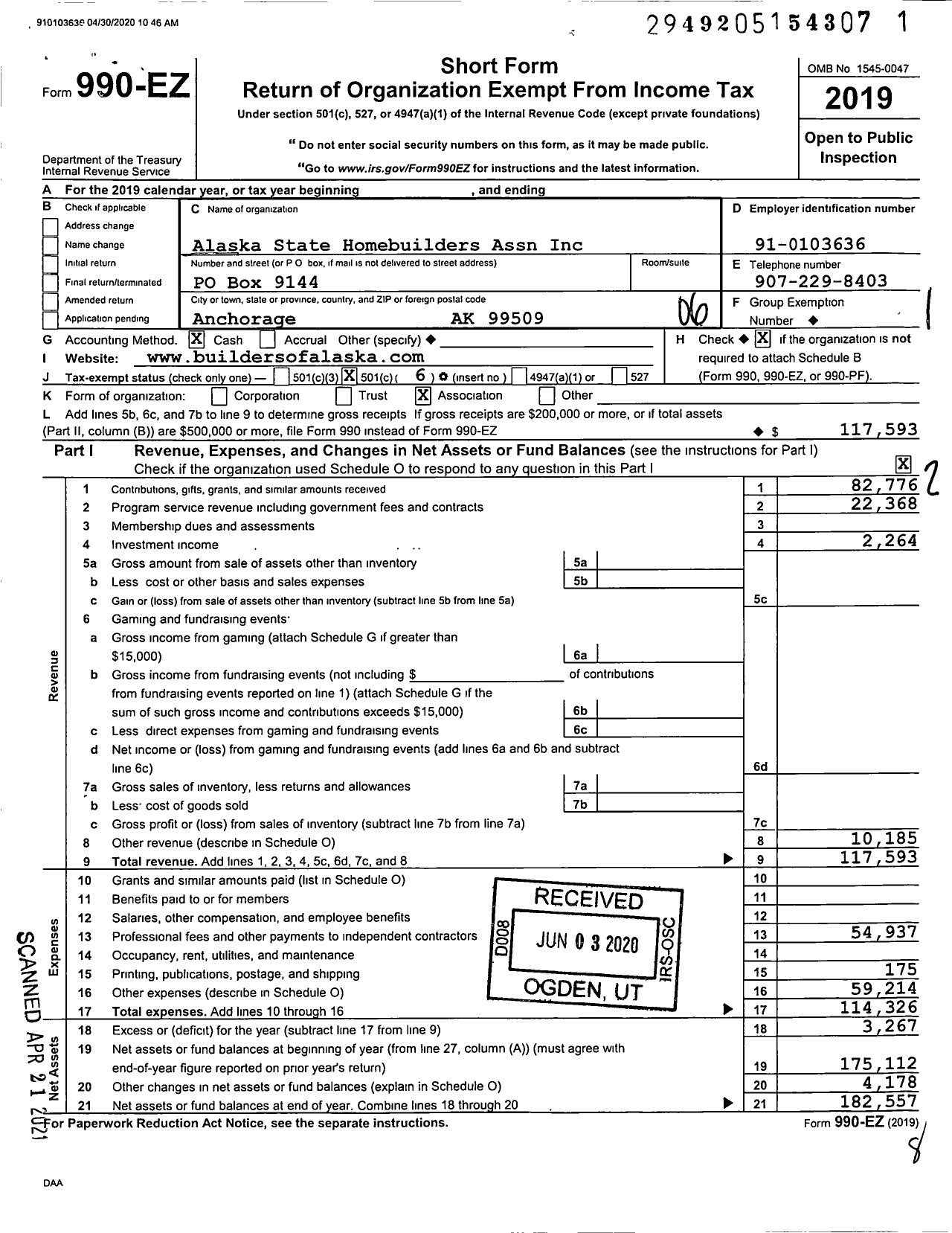 Image of first page of 2019 Form 990EO for Alaska State Homebuilders Association