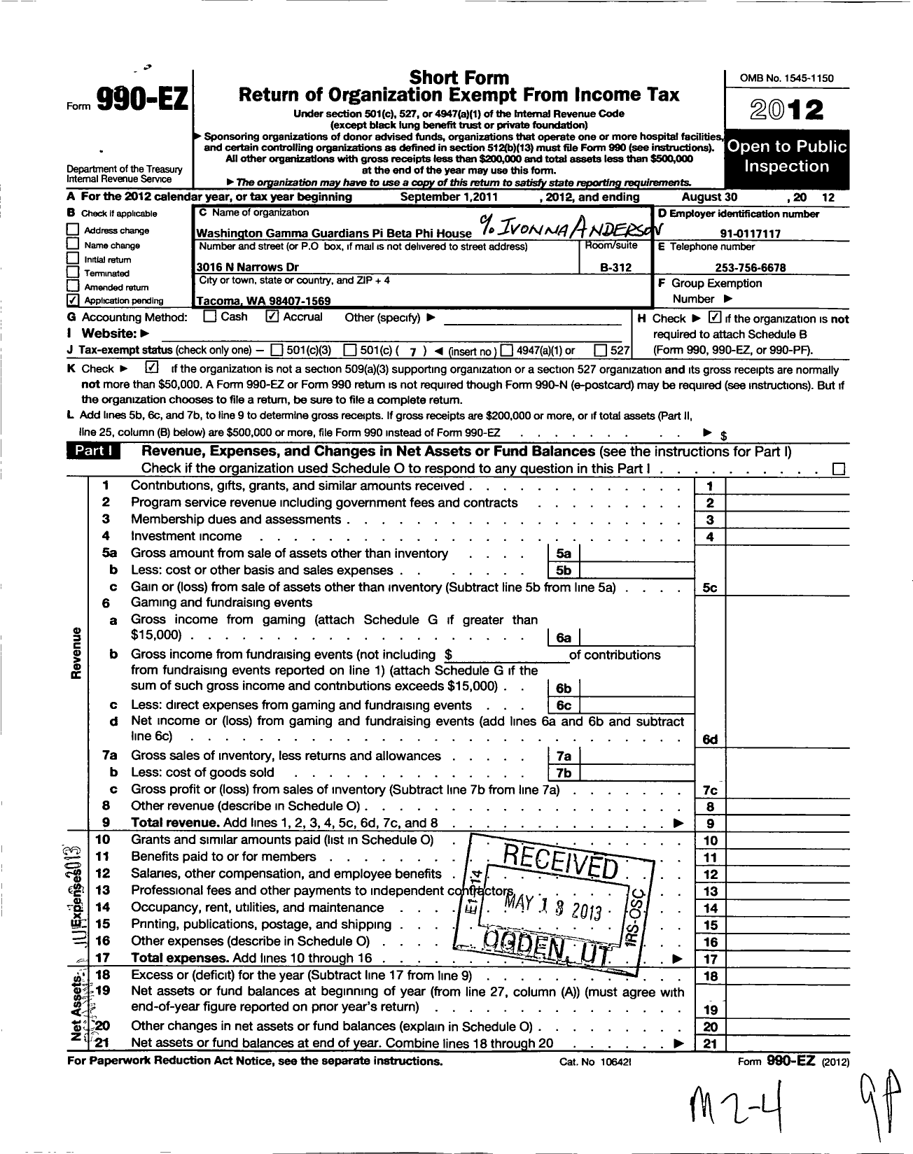 Image of first page of 2011 Form 990EO for Washington Gamma Guardians Pi Beta Phi House