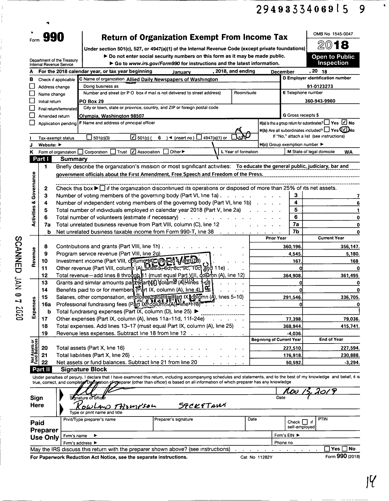 Image of first page of 2018 Form 990O for Allied Daily Newspapers of Washington