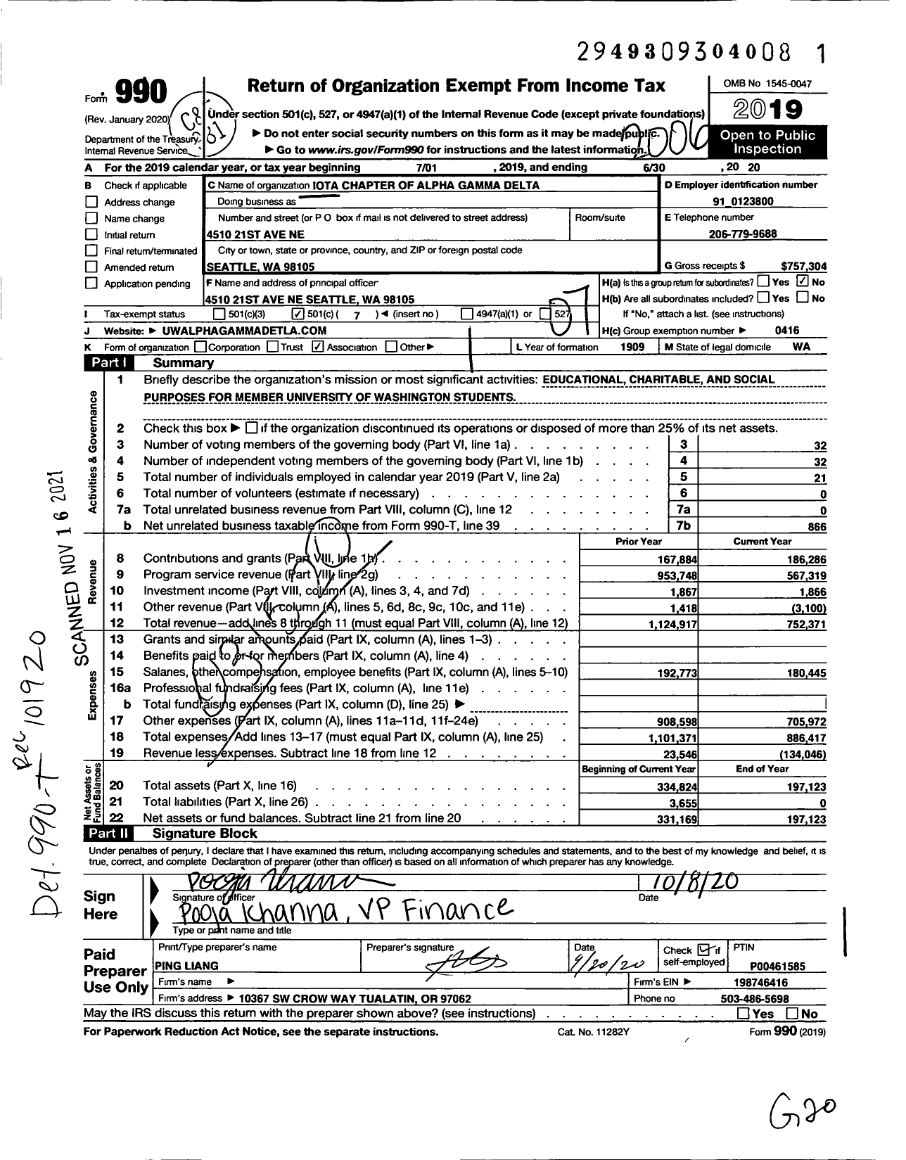 Image of first page of 2019 Form 990O for Alpha Gamma Delta Fraternity - Iota Chapter