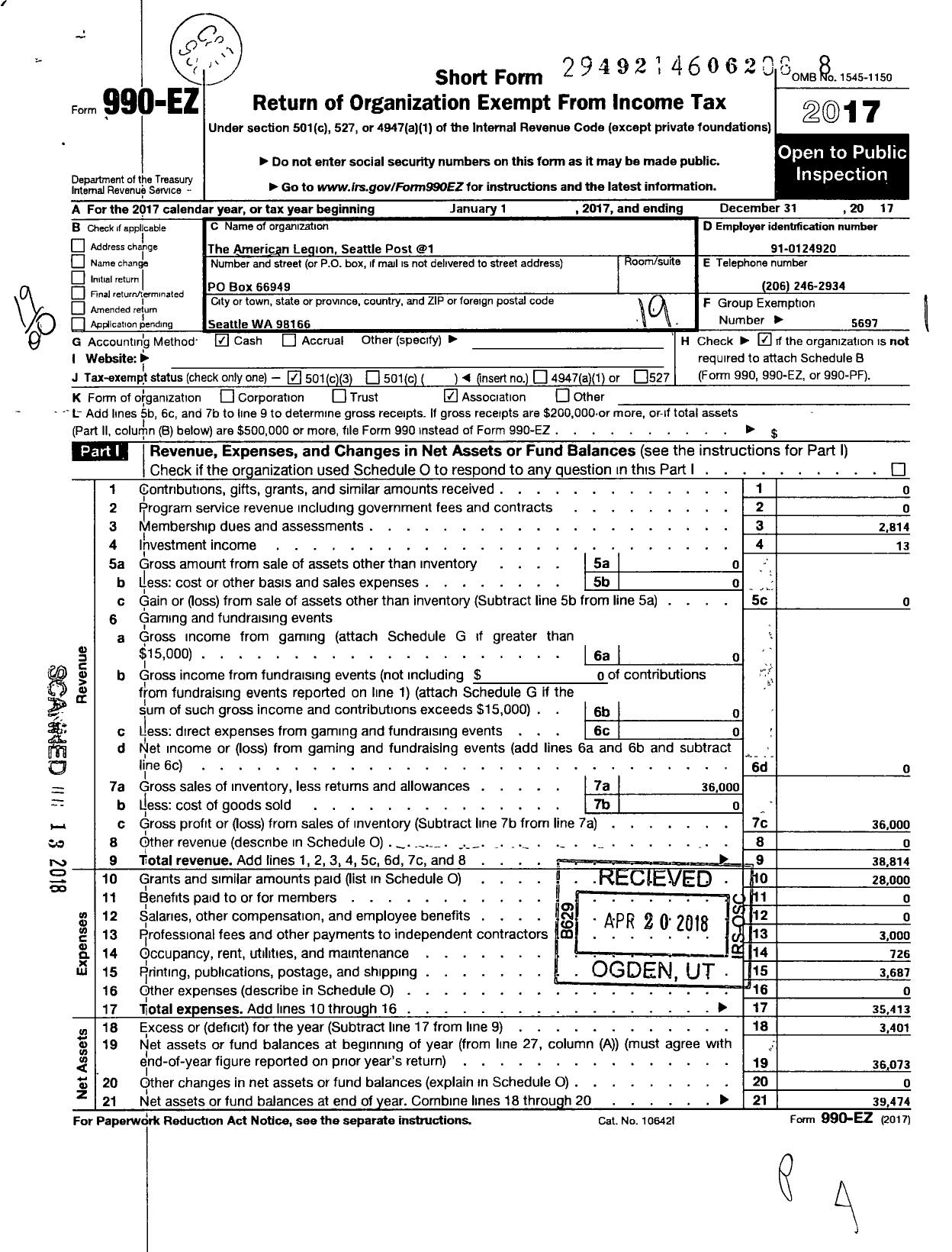 Image of first page of 2017 Form 990EO for American Legion - 0001 Seattle