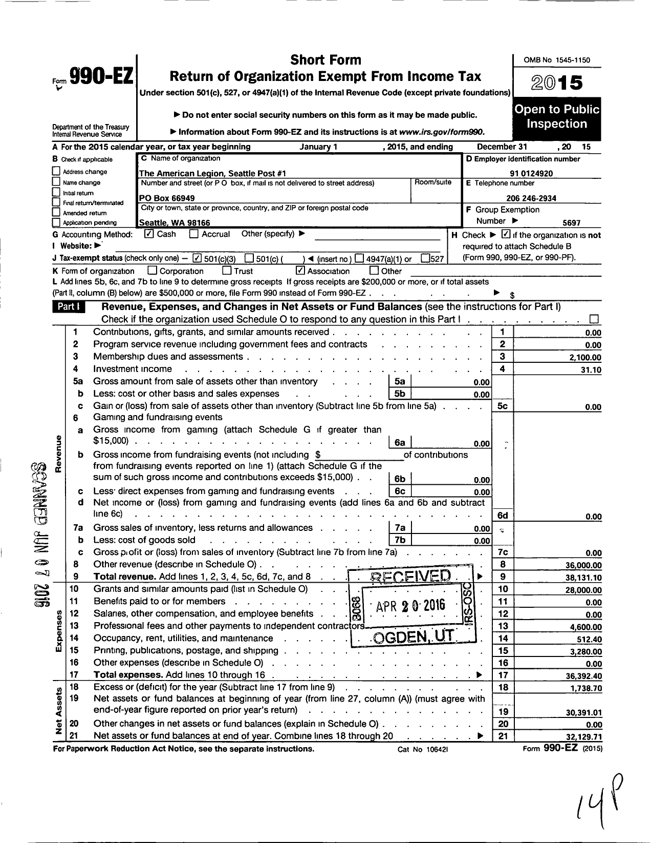 Image of first page of 2015 Form 990EZ for American Legion - 0001 Seattle