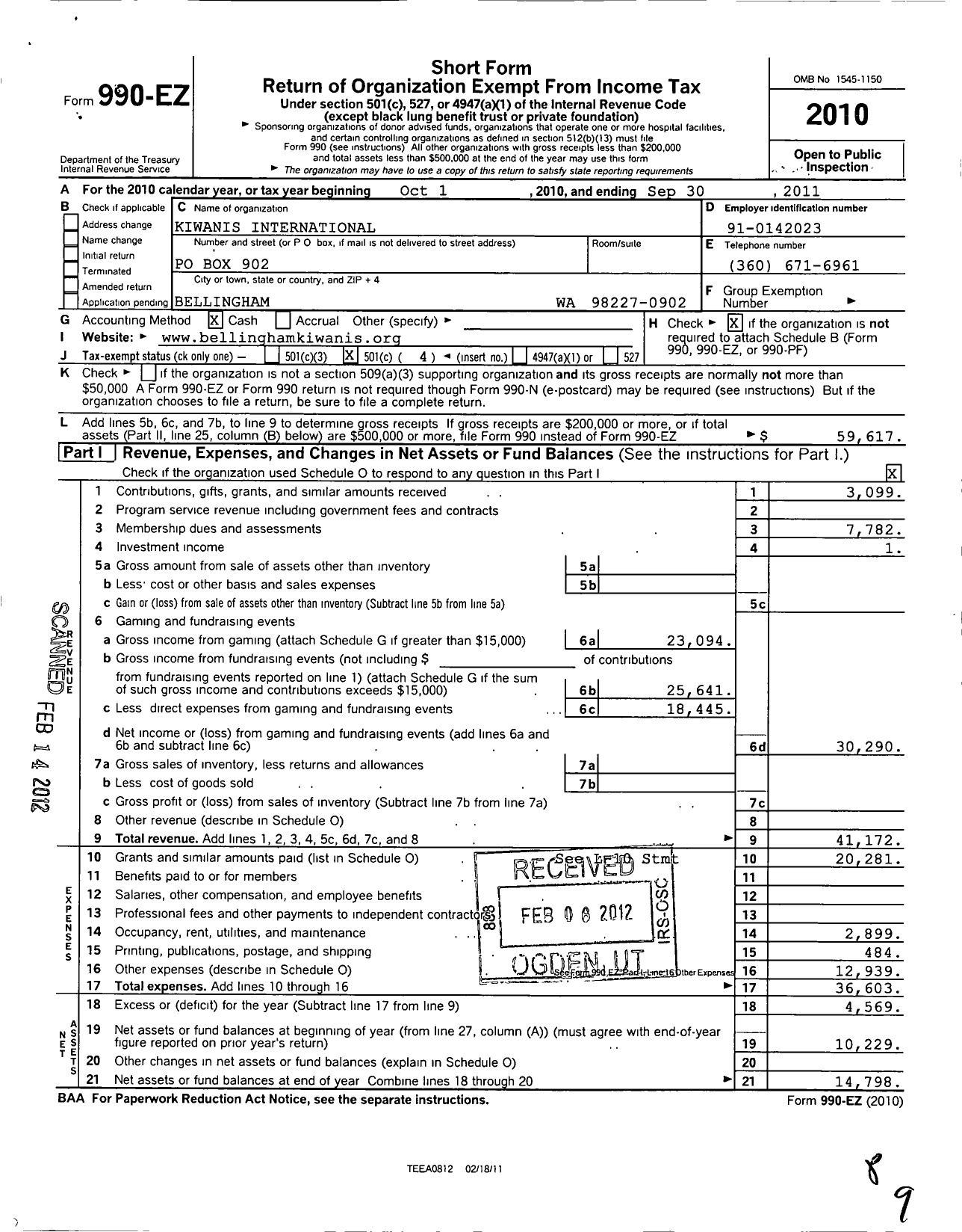 Image of first page of 2010 Form 990EO for Kiwanis International - K00666 Bellingham