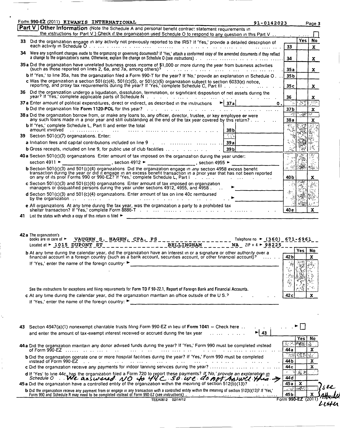 Image of first page of 2011 Form 990EOR for Kiwanis International - K00666 Bellingham