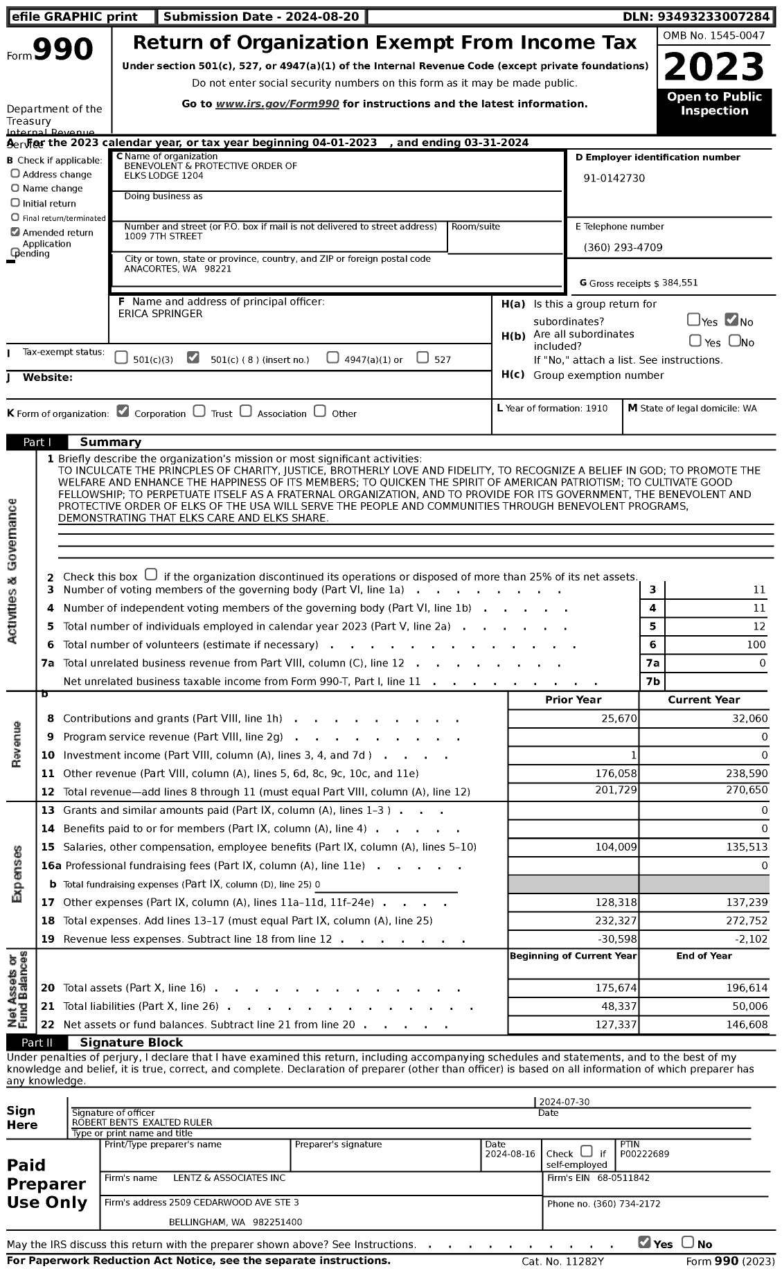 Image of first page of 2023 Form 990 for Benevolent and Protective Order of Elks - 1204 Anacortes