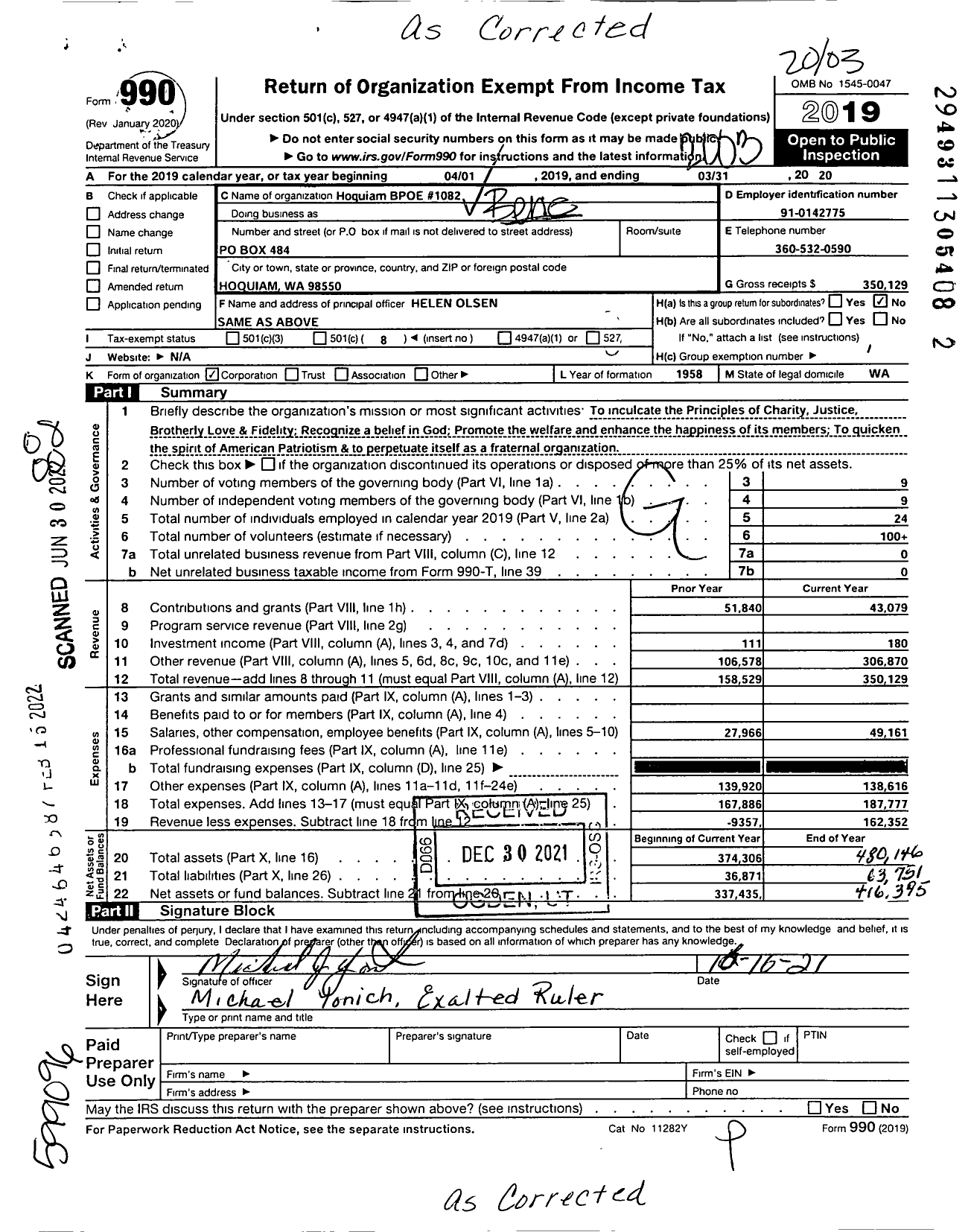 Image of first page of 2019 Form 990O for Benevolent and Protective Order of Elks - 1082 Hoquiam