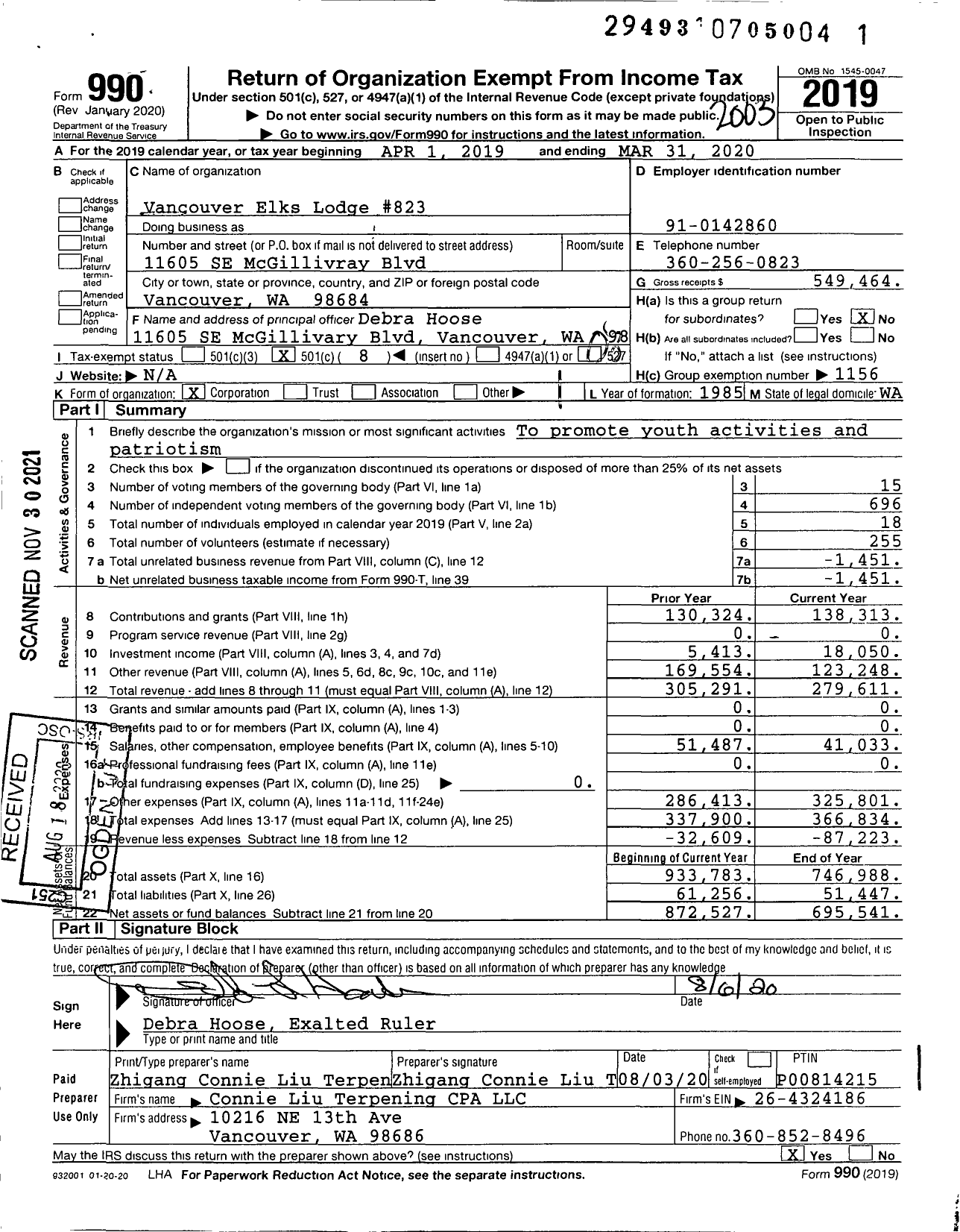 Image of first page of 2019 Form 990O for Benevolent and Protective Order of Elks - 823 Vancouver