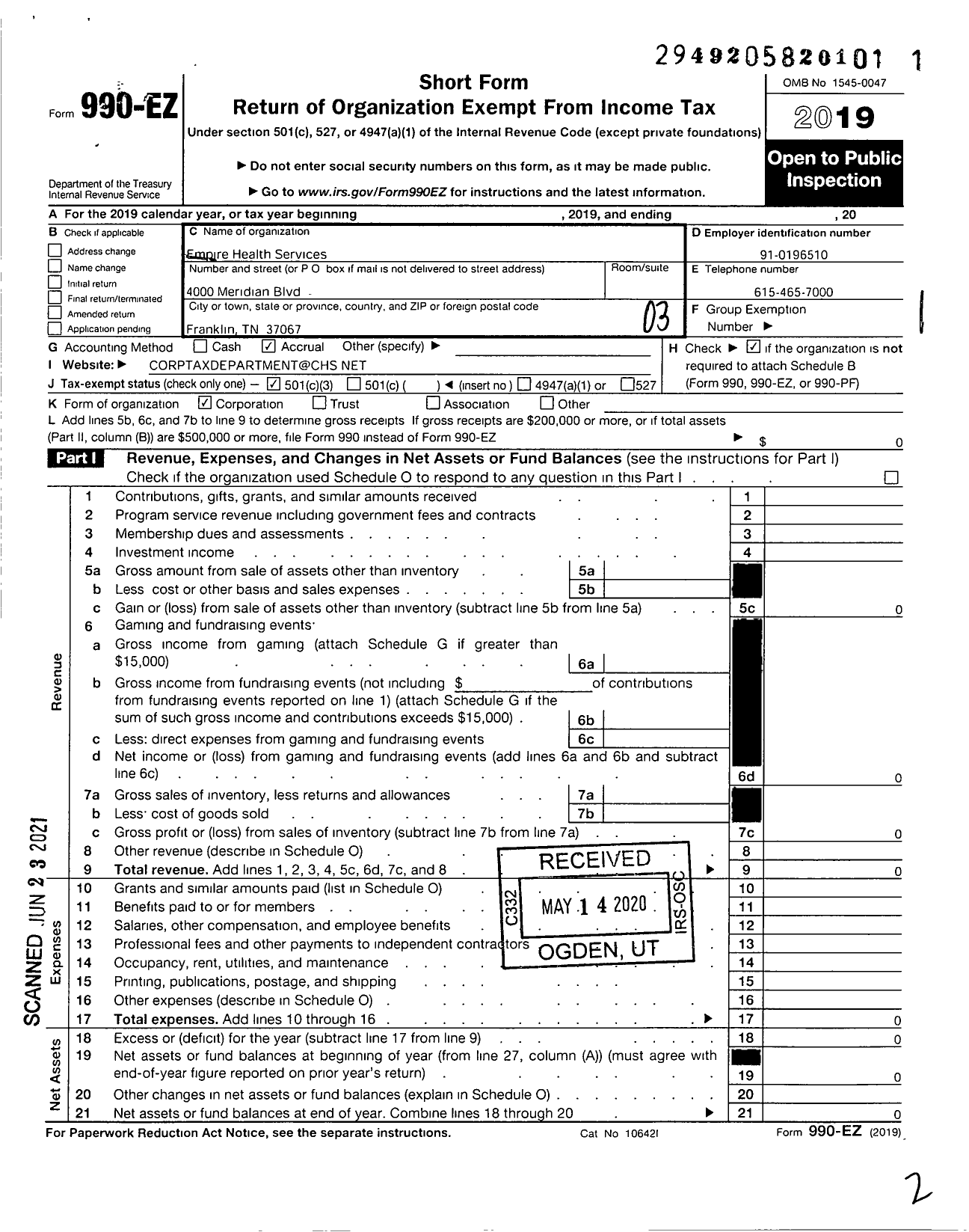 Image of first page of 2019 Form 990EZ for Empire Health Services David E Luhn