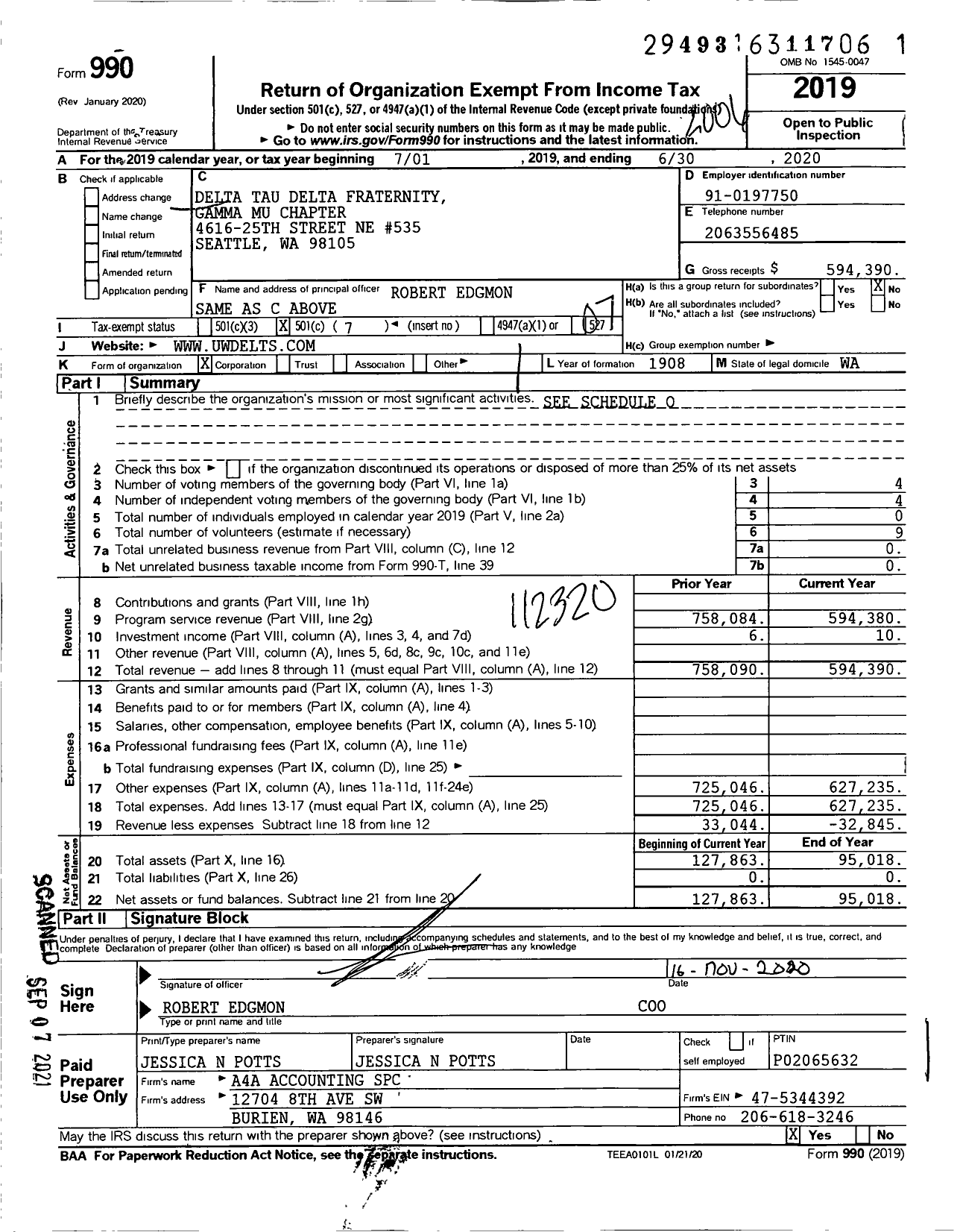 Image of first page of 2019 Form 990O for Delta Tau Delta Fraternity Gamma Mu Chapter