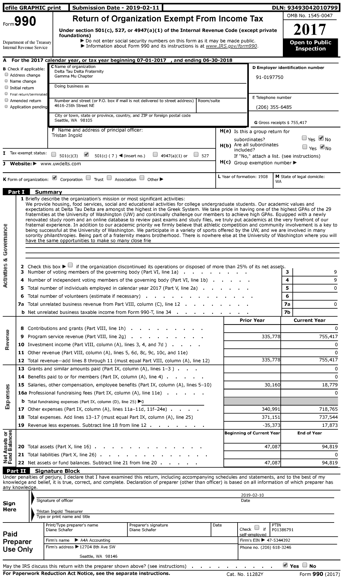 Image of first page of 2017 Form 990 for Delta Tau Delta Fraternity Gamma Mu Chapter