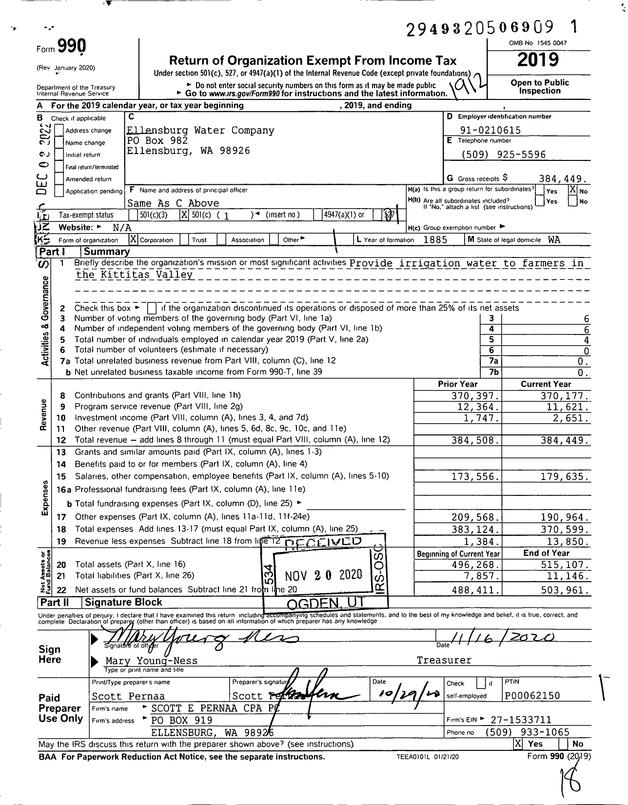 Image of first page of 2019 Form 990O for Ellensburg Water Company