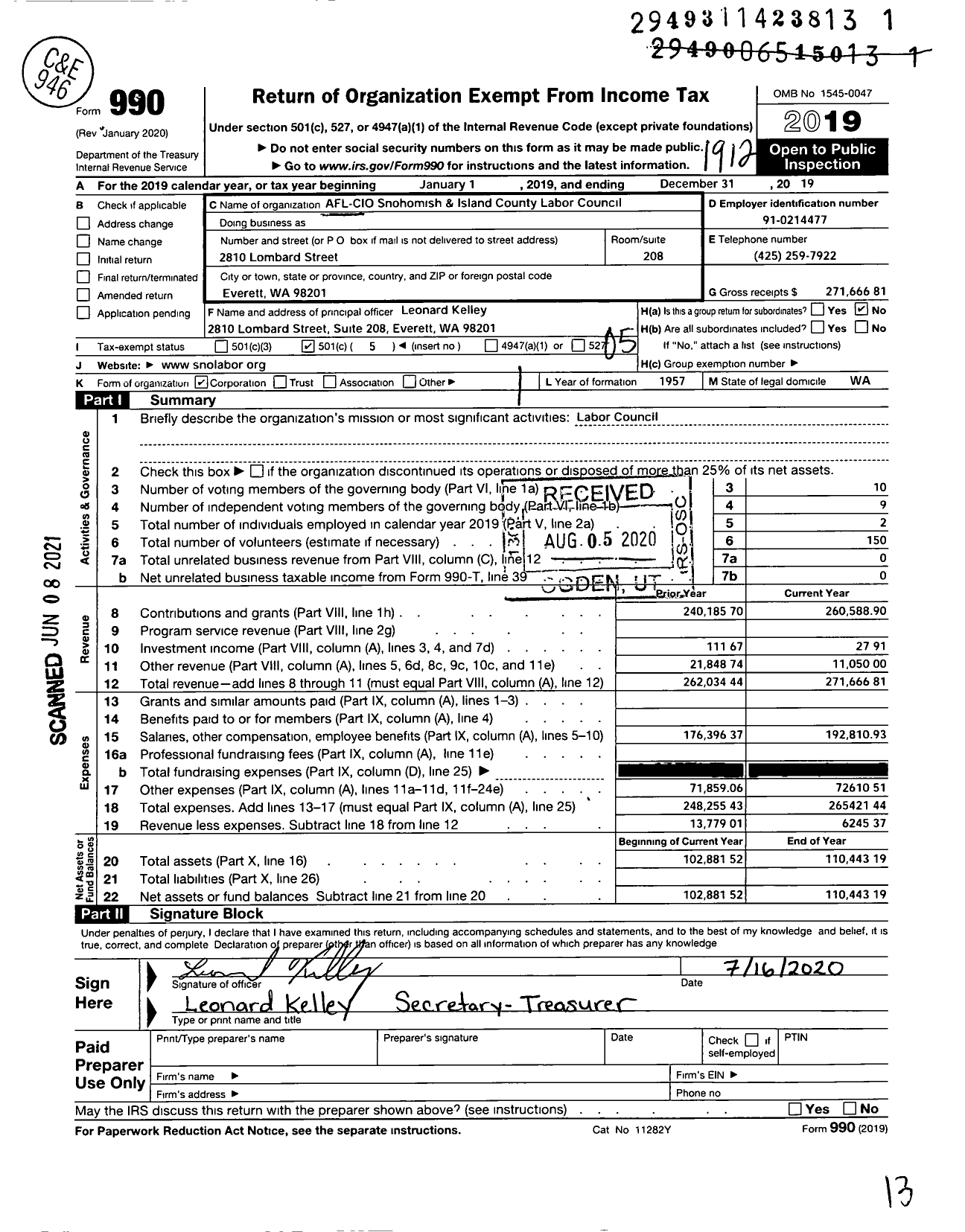 Image of first page of 2019 Form 990O for AFL-CIO - Snohomish County Labor Council Afl