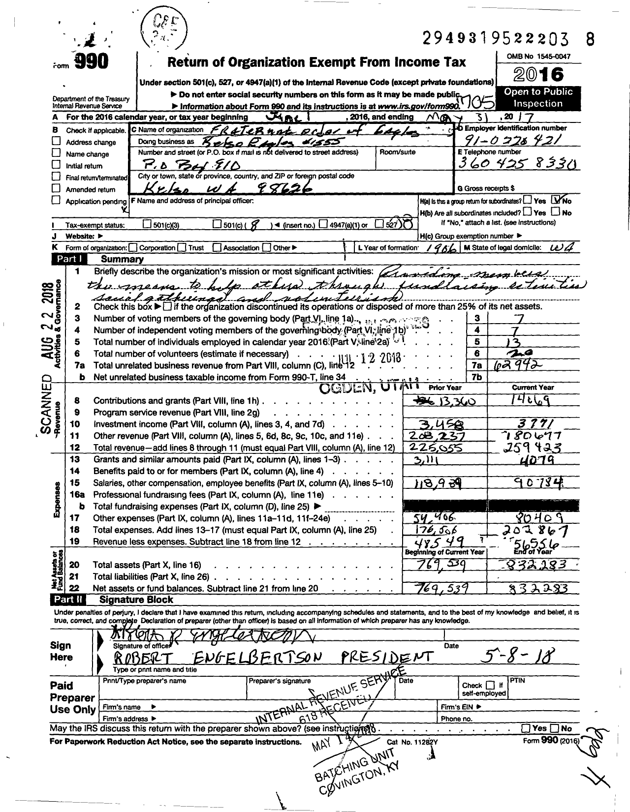 Image of first page of 2016 Form 990O for Fraternal Order of Eagles - Kelso Eagles #1555