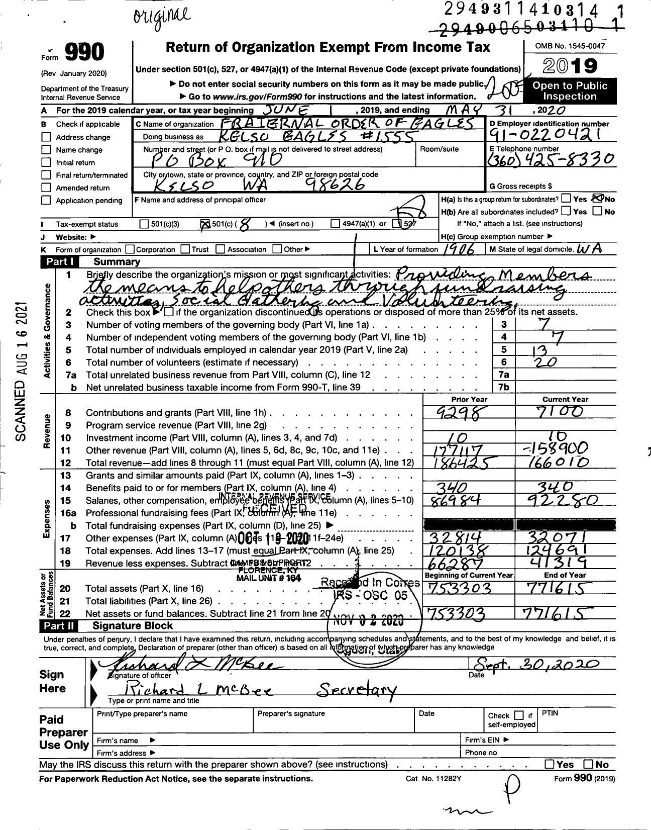 Image of first page of 2019 Form 990O for Fraternal Order of Eagles - Kelso Eagles #1555