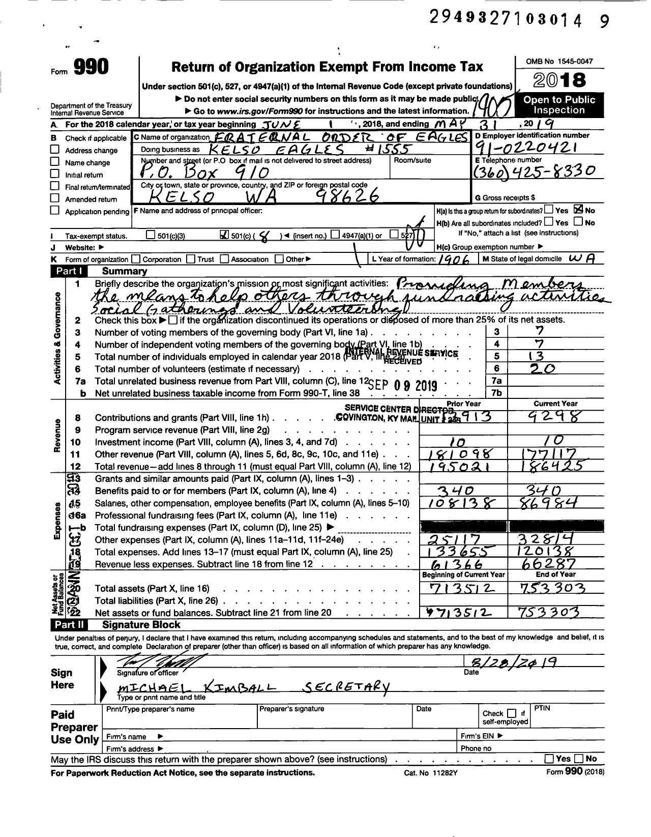 Image of first page of 2018 Form 990O for Fraternal Order of Eagles - Kelso Eagles #1555