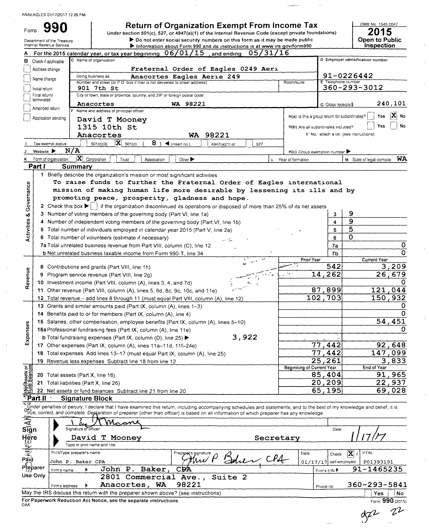 Image of first page of 2015 Form 990O for Fraternal Order of Eagles 0249 Aeri