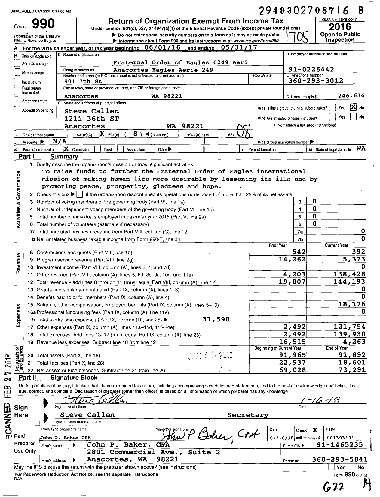 Image of first page of 2016 Form 990O for Fraternal Order of Eagles 0249 Aeri