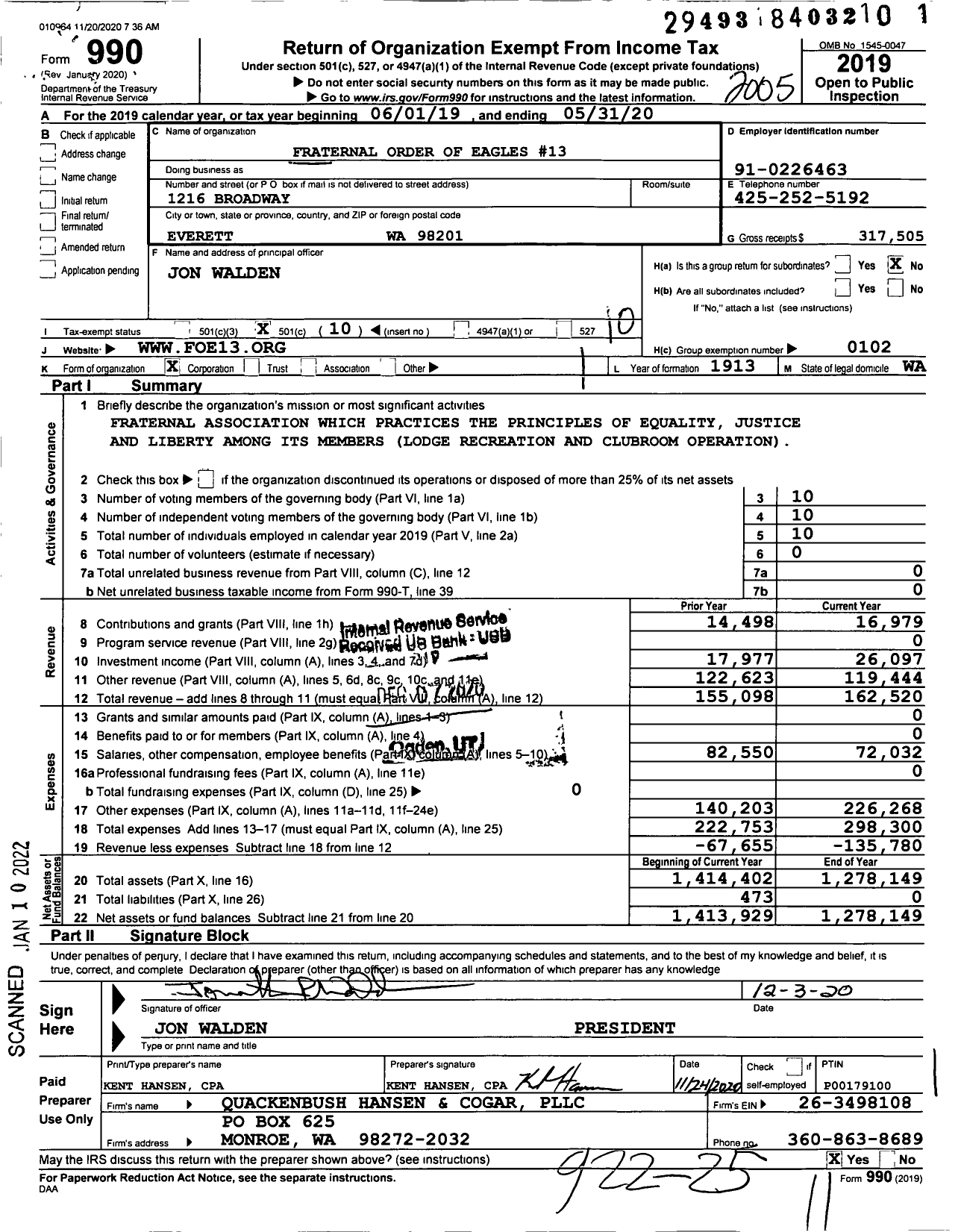 Image of first page of 2019 Form 990O for Fraternal Order of Eagles - 13 Aerie