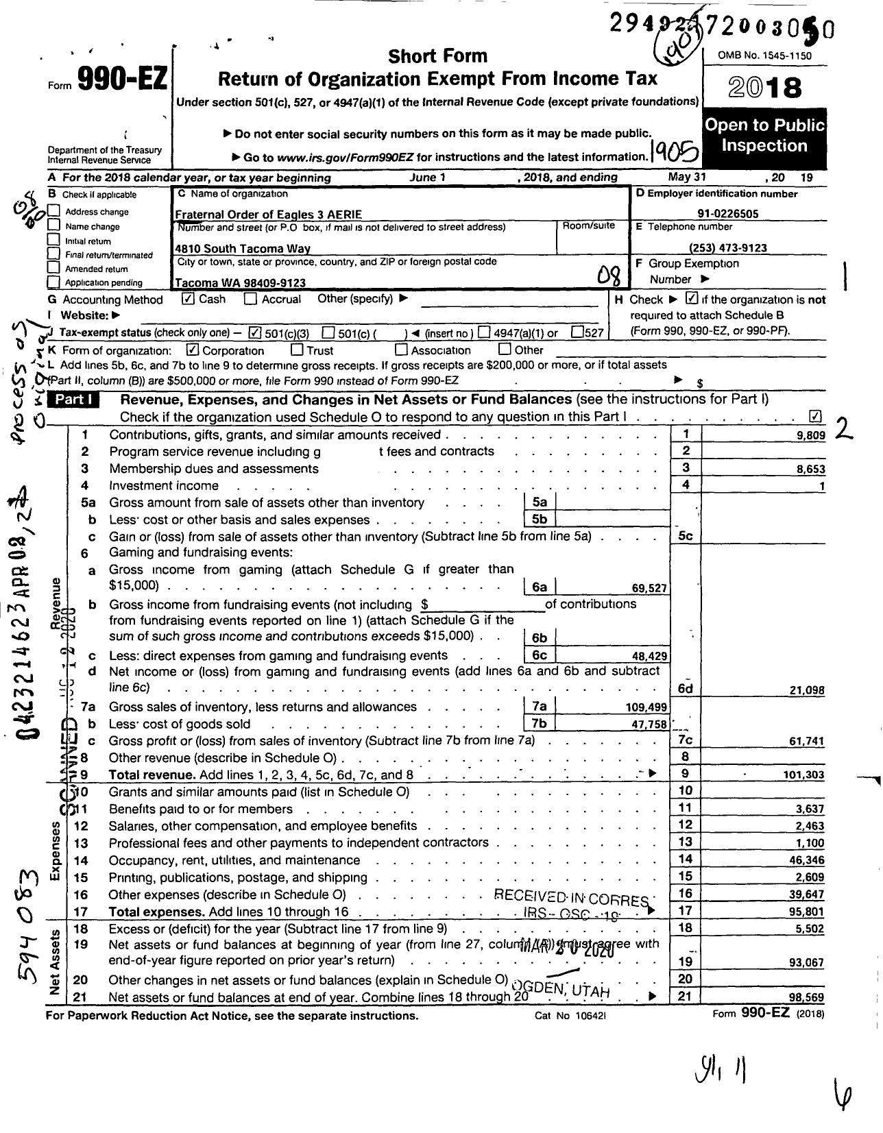 Image of first page of 2018 Form 990EO for Fraternal Order of Eagles - 3 Aerie