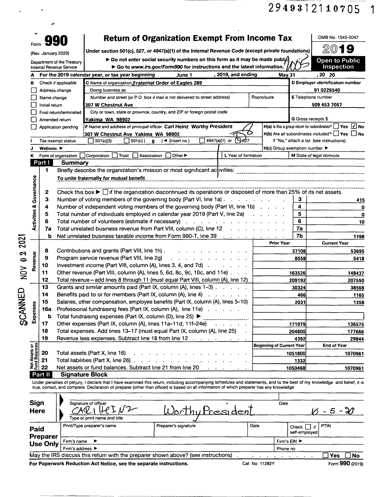 Image of first page of 2019 Form 990O for Fraternal Order of Eagles - 289 Aerie