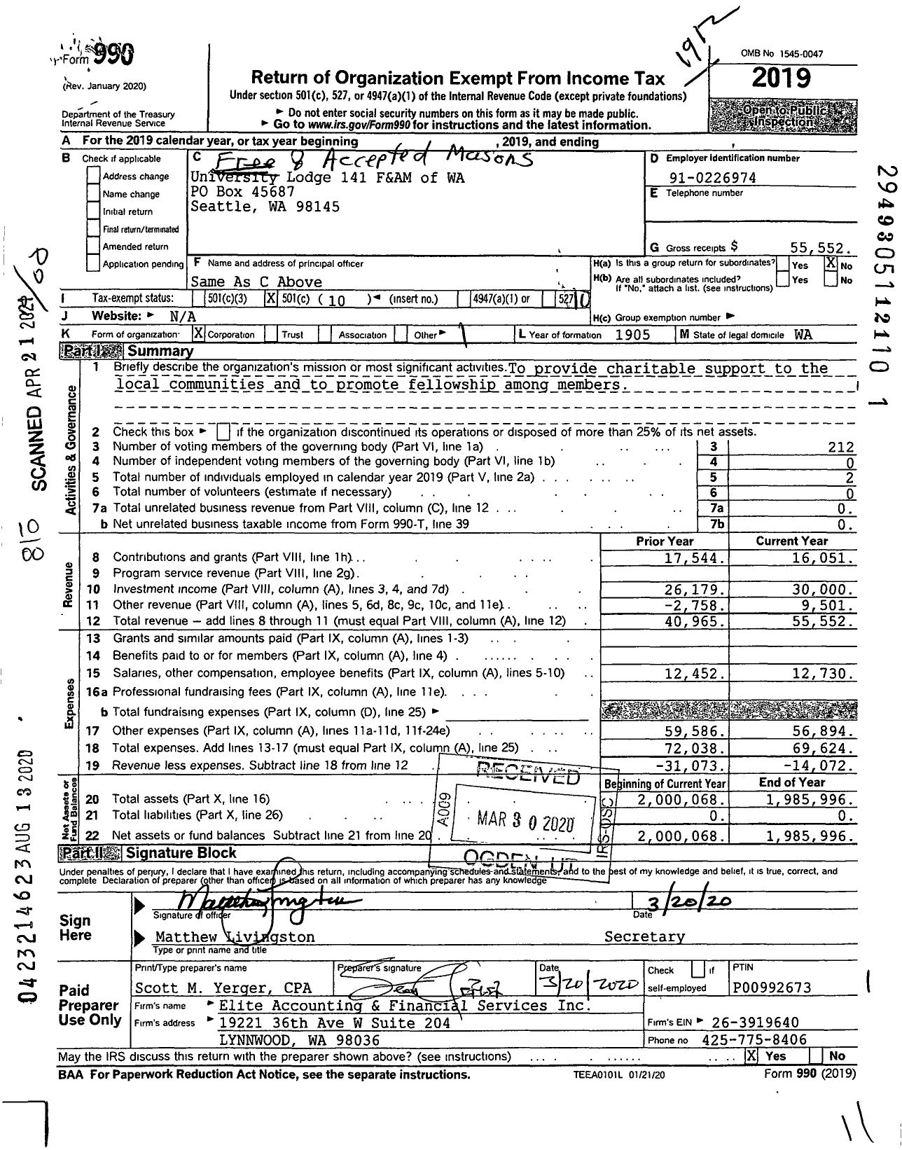 Image of first page of 2019 Form 990O for Free and Accepted Masons of Washington - 141 University Lodge