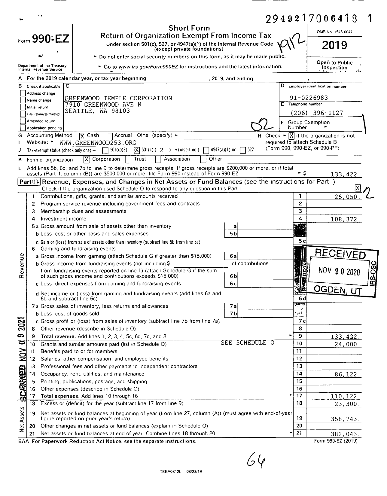 Image of first page of 2019 Form 990EO for Free and Accepted Masons of Washington - 253 Greenwood Lodge