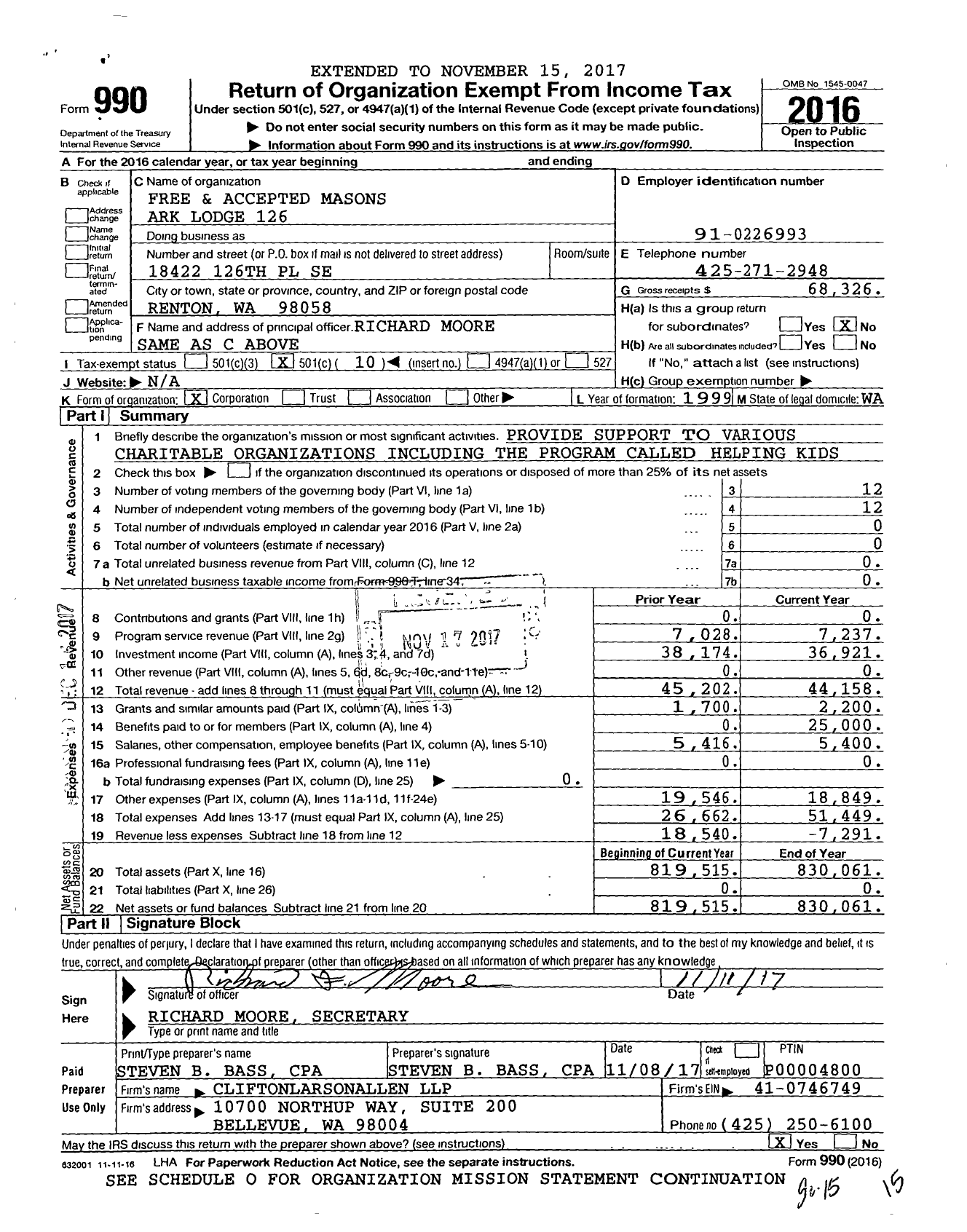 Image of first page of 2016 Form 990O for Free and Accepted Masons of Washington - 126 Ark