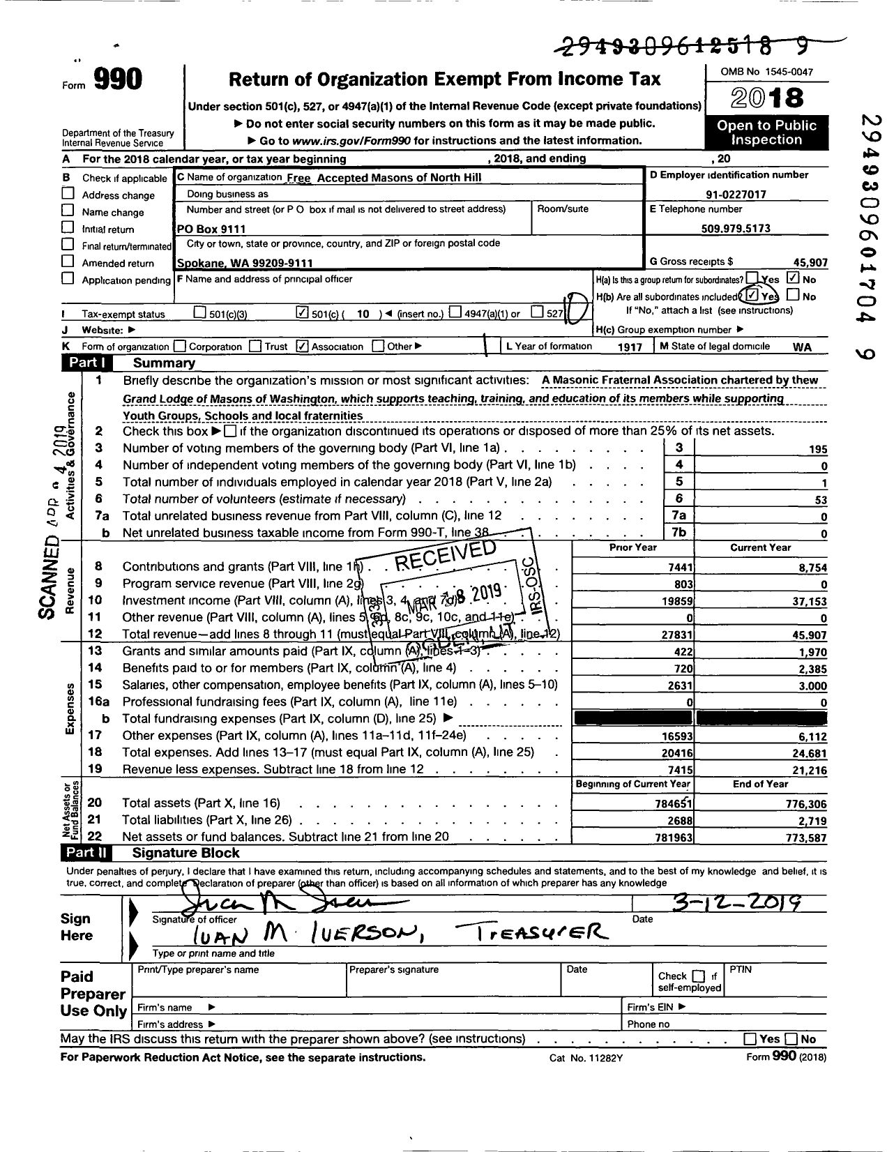 Image of first page of 2018 Form 990O for Free and Accepted Masons of Washington - 210 North Hill Lodge