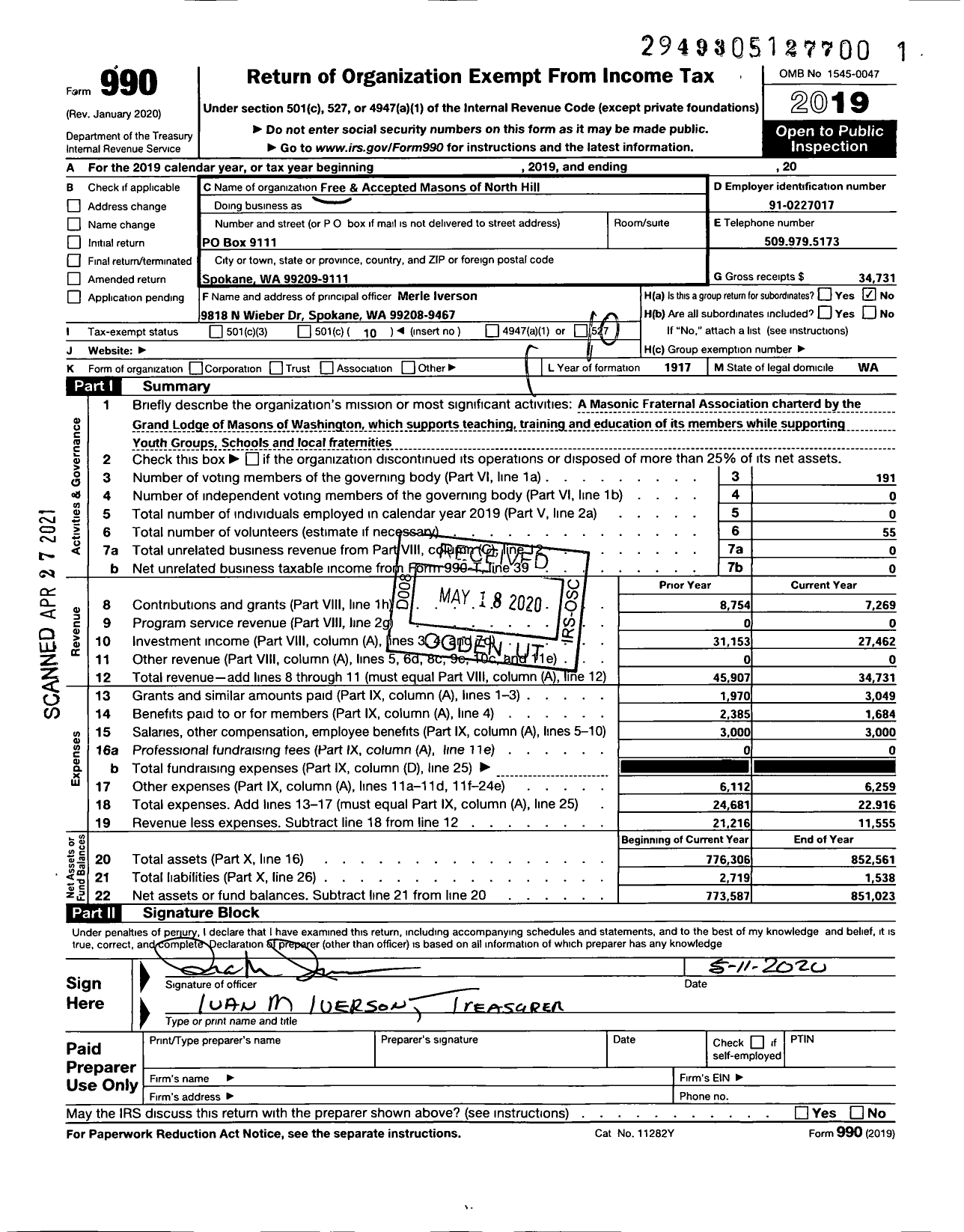 Image of first page of 2019 Form 990O for Free and Accepted Masons of Washington - 210 North Hill Lodge