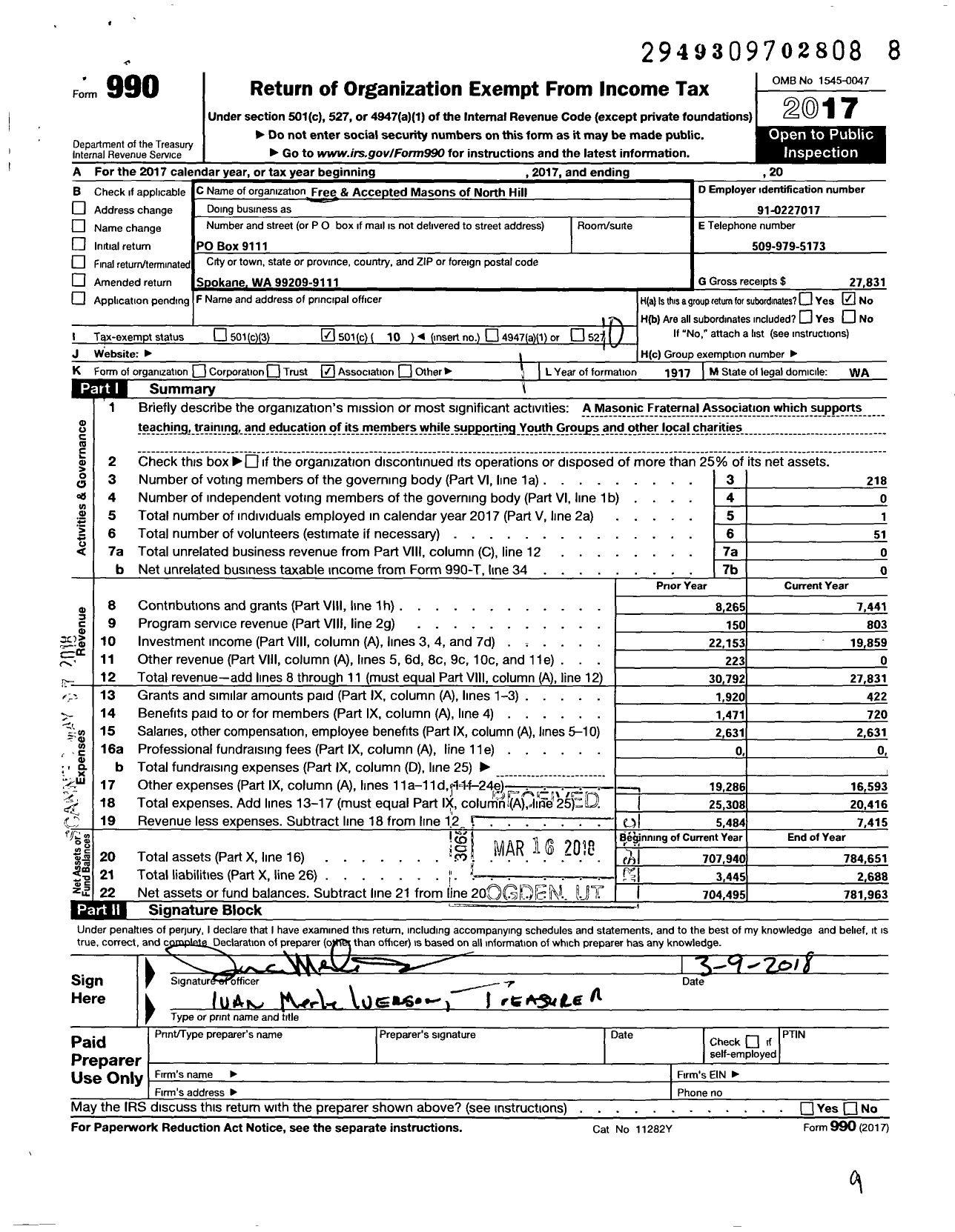 Image of first page of 2017 Form 990O for Free and Accepted Masons of Washington - 210 North Hill Lodge