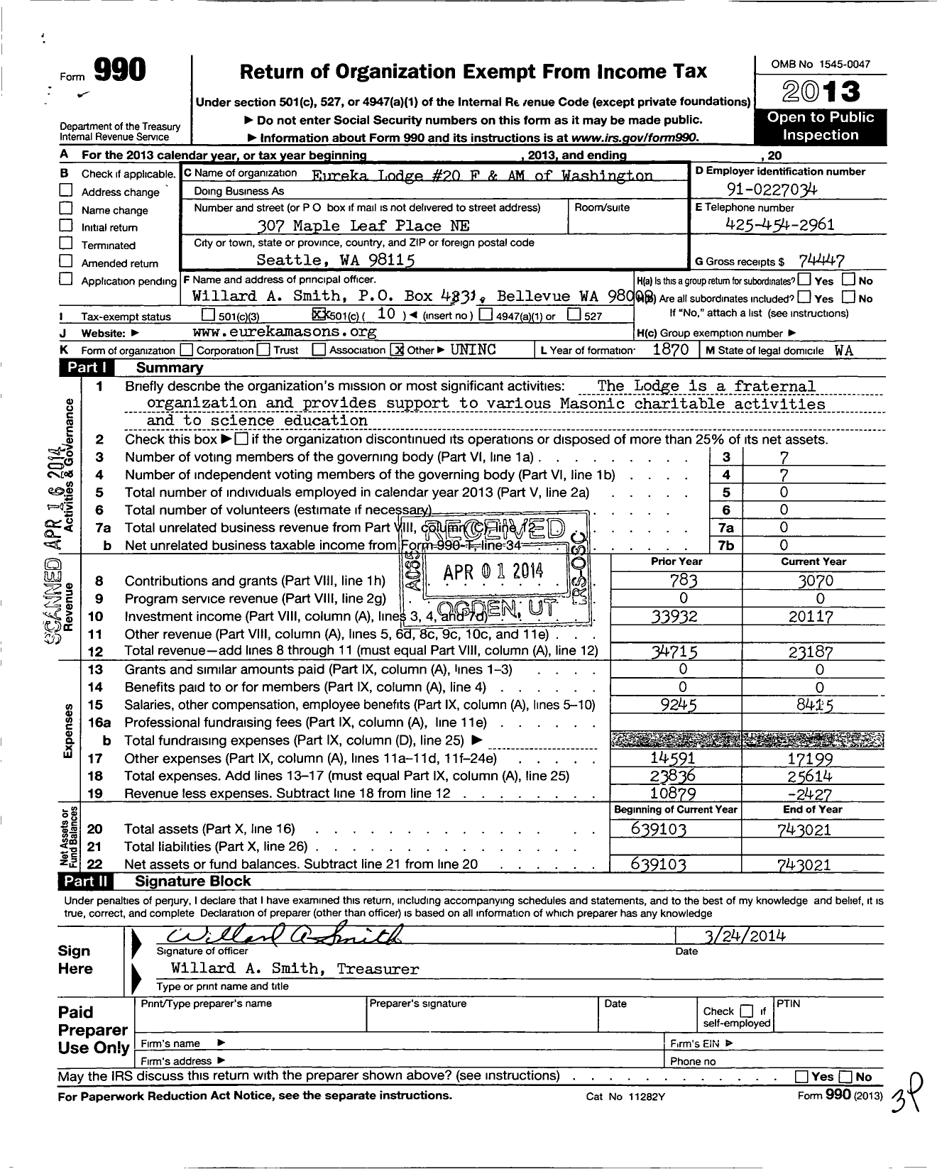 Image of first page of 2013 Form 990O for Free and Accepted Masons of Washington - 20 Eureka Lodge