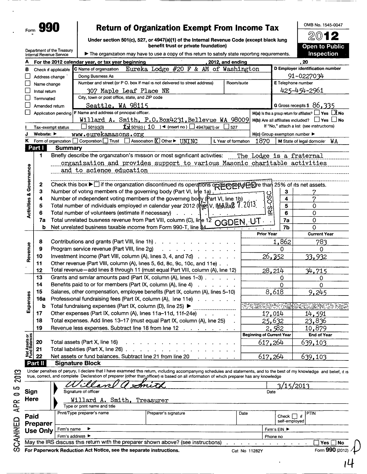 Image of first page of 2012 Form 990O for Free and Accepted Masons of Washington - 20 Eureka Lodge